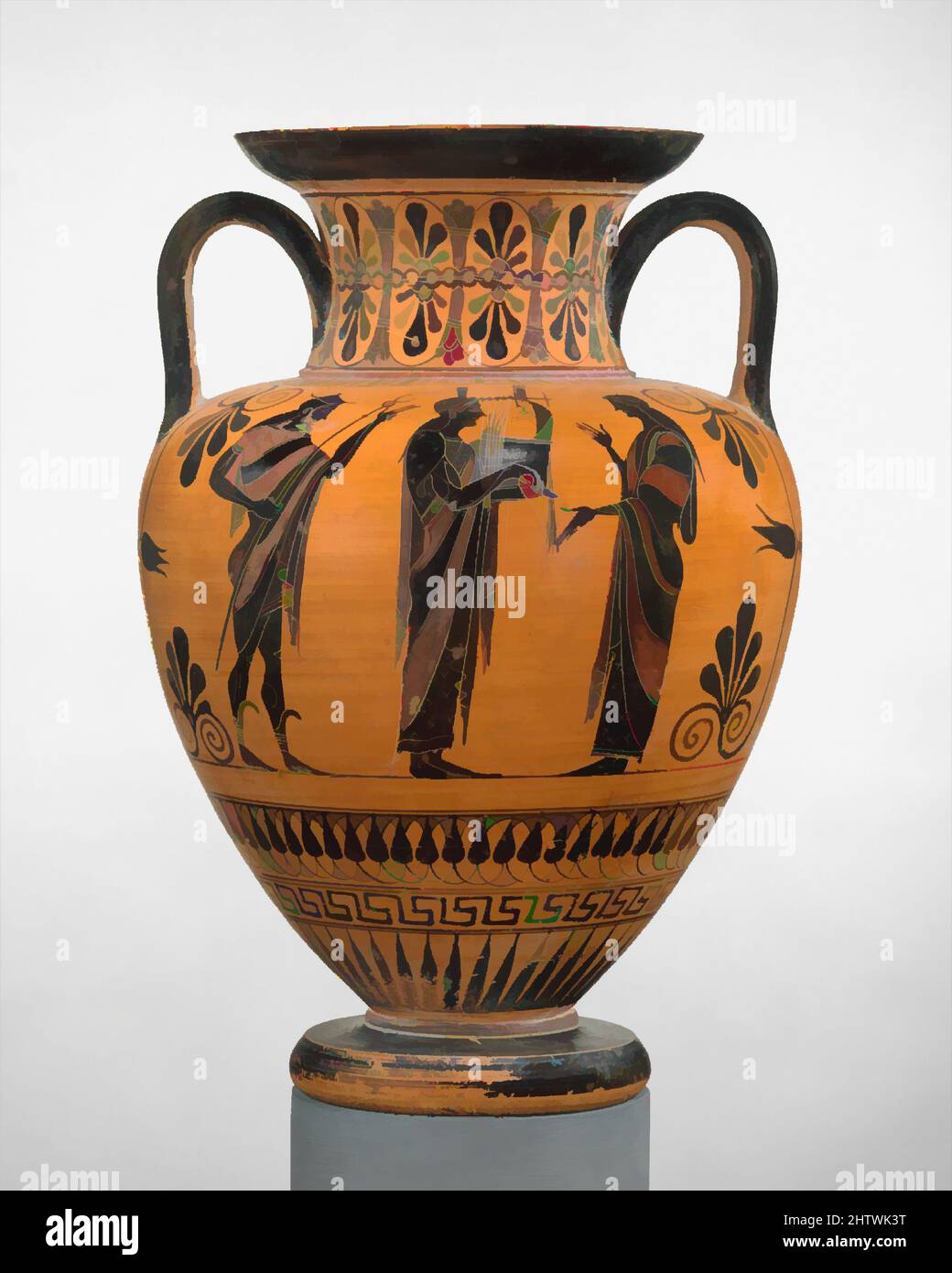 Art inspired by Terracotta neck-amphora (jar), Archaic, ca. 530 B.C., Greek, Attic, Terracotta; black-figure, H. 15 7/8 in. (40.3 cm), Vases, Obverse, Apollo between Hermes and goddess Reverse, Memnon between his Ethiopian squires In the Trojan War, Memnon, the son of Tithonos and Eos, Classic works modernized by Artotop with a splash of modernity. Shapes, color and value, eye-catching visual impact on art. Emotions through freedom of artworks in a contemporary way. A timeless message pursuing a wildly creative new direction. Artists turning to the digital medium and creating the Artotop NFT Stock Photo