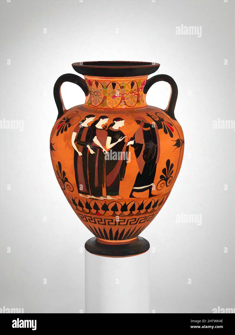 Art inspired by Terracotta neck-amphora (jar), Archaic, ca. 540–530 B.C., Greek, Attic, Terracotta; black-figure, H. 14 3/4 in. (37.5 cm), Vases, Obverse, Poseidon fighting giant Reverse, Judgement of Paris The gods of Mount Olympos had to overcome several threats before their primacy, Classic works modernized by Artotop with a splash of modernity. Shapes, color and value, eye-catching visual impact on art. Emotions through freedom of artworks in a contemporary way. A timeless message pursuing a wildly creative new direction. Artists turning to the digital medium and creating the Artotop NFT Stock Photo