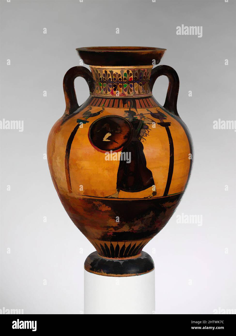 Art inspired by Terracotta Panathenaic prize amphora, Archaic, ca. 510 B.C., Greek, Attic, Terracotta; black-figure, H. 18 15/16 in. (48.2 cm), Vases, Obverse, Athena Reverse, chariot This amphora is different from the typical prize vase. It does not have the inscription identifying it, Classic works modernized by Artotop with a splash of modernity. Shapes, color and value, eye-catching visual impact on art. Emotions through freedom of artworks in a contemporary way. A timeless message pursuing a wildly creative new direction. Artists turning to the digital medium and creating the Artotop NFT Stock Photo