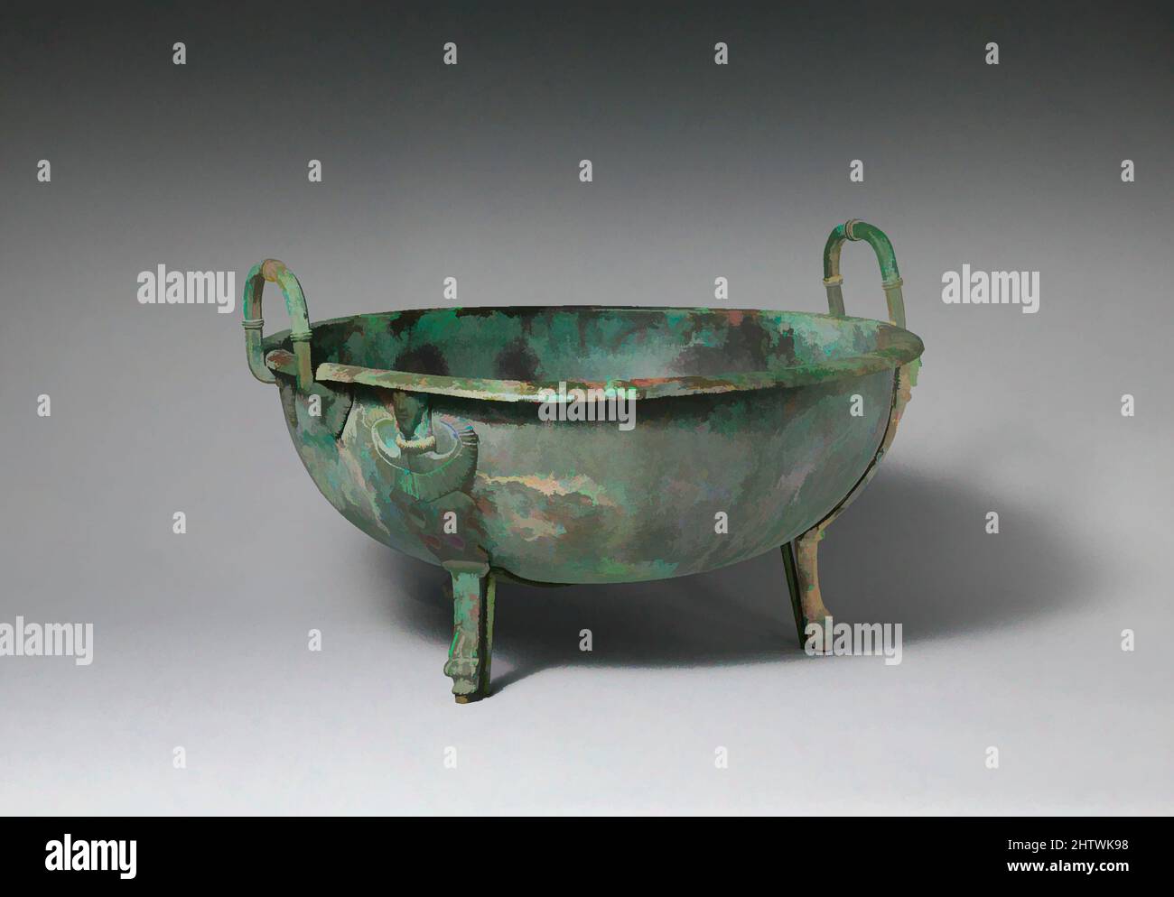 Art inspired by Bronze handled basin with three feet, Archaic, ca. 550 B.C., Etruscan, Bronze, H. 10 1/2 in. (26.7 cm) diameter 23 in. (58.4 cm), Bronzes, Flat rounded rim and three feet ending in paws, Classic works modernized by Artotop with a splash of modernity. Shapes, color and value, eye-catching visual impact on art. Emotions through freedom of artworks in a contemporary way. A timeless message pursuing a wildly creative new direction. Artists turning to the digital medium and creating the Artotop NFT Stock Photo