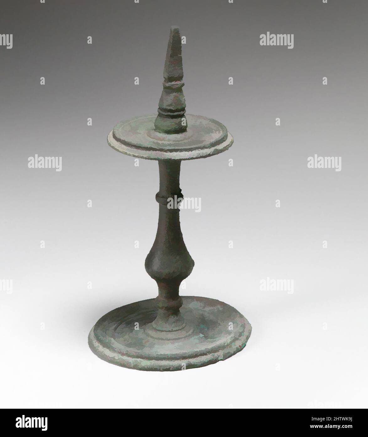 Art inspired by Bronze lampstand, Late Imperial, ca. 4th century A.D., Roman, Bronze, H. 5 13/16 in. (14.7 cm), Bronzes, The stand is associated with the bronze lamp that fits on the tapering pricket at the top, but such stands could also be used as candlesticks, Classic works modernized by Artotop with a splash of modernity. Shapes, color and value, eye-catching visual impact on art. Emotions through freedom of artworks in a contemporary way. A timeless message pursuing a wildly creative new direction. Artists turning to the digital medium and creating the Artotop NFT Stock Photo