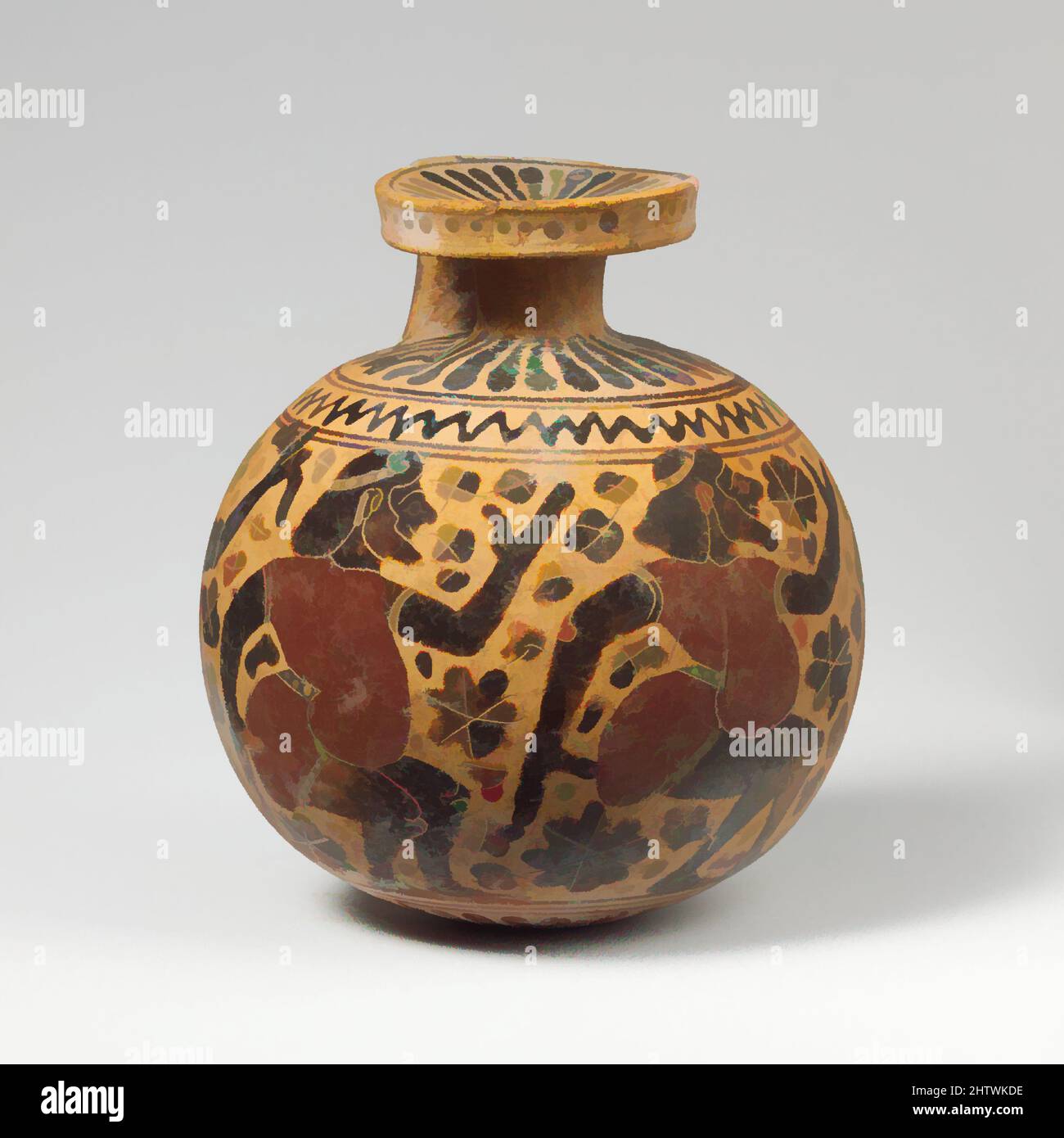 Art inspired by Terracotta aryballos (oil flask), Early Corinthian, ca. 620–590 B.C., Greek, Corinthian, Terracotta; black-figure, H.: 4 3/8 in. (11.1 cm), Vases, Komasts (padded dancers) During the Early Corinthian period, there seem to have been workshops specializing in aryballoi, Classic works modernized by Artotop with a splash of modernity. Shapes, color and value, eye-catching visual impact on art. Emotions through freedom of artworks in a contemporary way. A timeless message pursuing a wildly creative new direction. Artists turning to the digital medium and creating the Artotop NFT Stock Photo