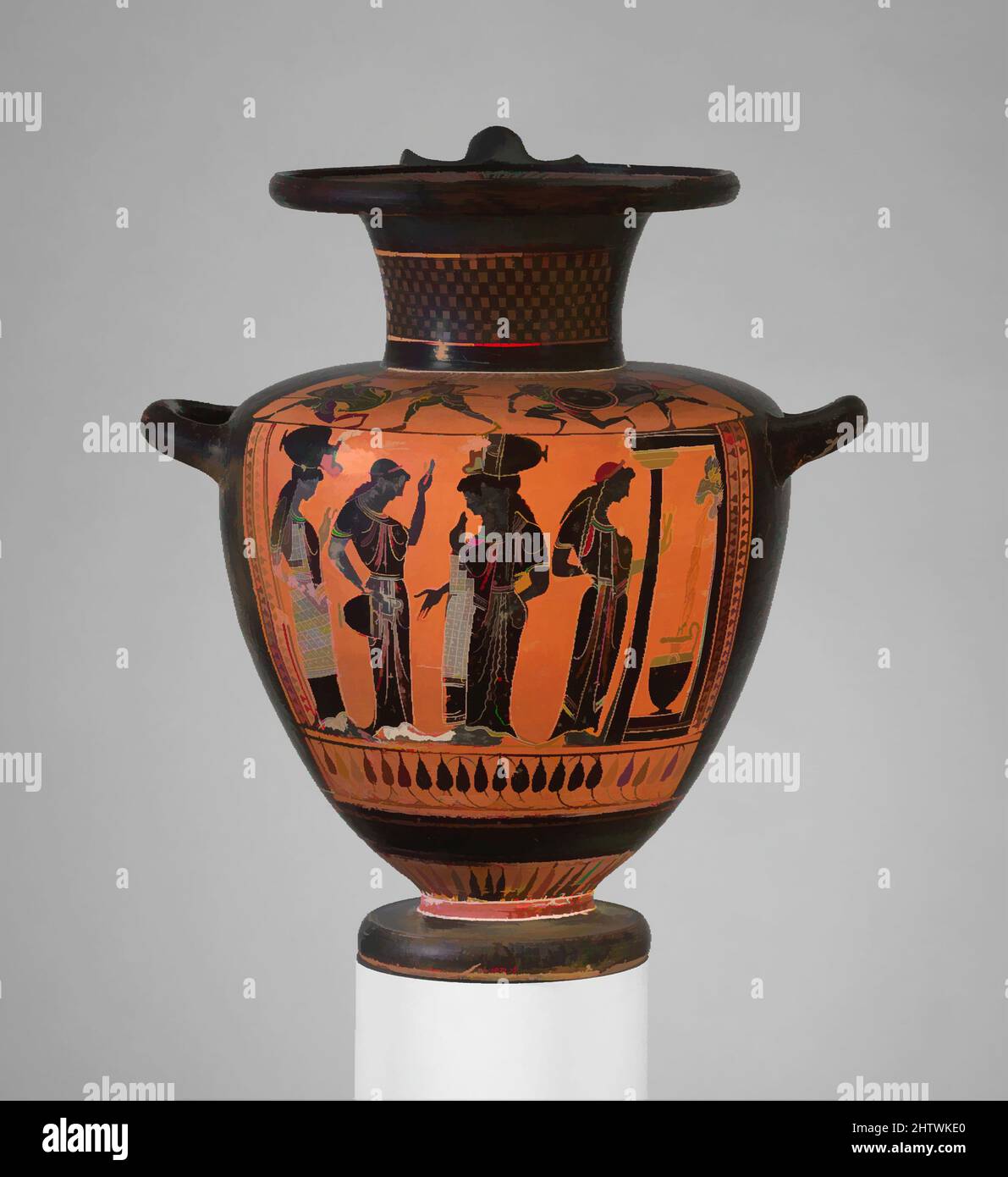 Art inspired by Terracotta hydria (water jar), Archaic, ca. 510–500 B.C., Greek, Attic, Terracotta; black-figure, H. 14 3/4 in. (37.5 cm), Vases, Women at fountain house, On the shoulder, combat. Among the many changes brought to the city of Athens by, the ruler Peisistratos and his, Classic works modernized by Artotop with a splash of modernity. Shapes, color and value, eye-catching visual impact on art. Emotions through freedom of artworks in a contemporary way. A timeless message pursuing a wildly creative new direction. Artists turning to the digital medium and creating the Artotop NFT Stock Photo