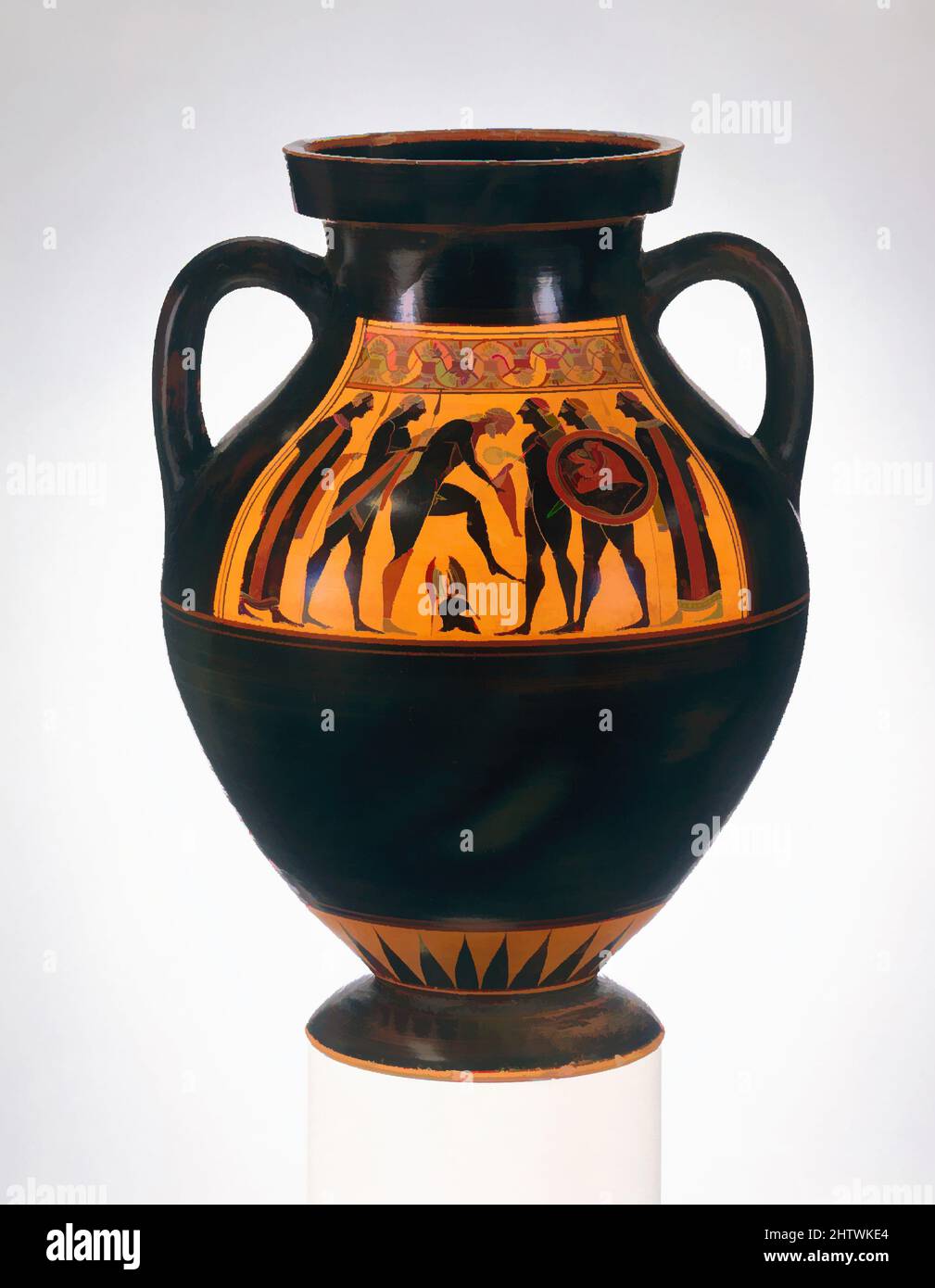 Art inspired by Terracotta amphora (jar), Archaic, ca. 550 B.C., Greek, Attic, Terracotta; black-figure, H. 15 3/8 in. (39.1 cm), Vases, Obverse and reverse, warrior putting on armor. Although both sides of this amphora show the same subject, the Amasis Painter has introduced subtle, Classic works modernized by Artotop with a splash of modernity. Shapes, color and value, eye-catching visual impact on art. Emotions through freedom of artworks in a contemporary way. A timeless message pursuing a wildly creative new direction. Artists turning to the digital medium and creating the Artotop NFT Stock Photo