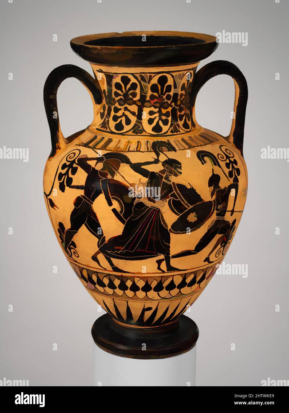 Art inspired by Terracotta neck-amphora (jar), Archaic, ca. 525–500 B.C., Greek, Attic, Terracotta; black-figure, H. 9 1/4 in. (23.5cm.), Vases, Obverse, Athena, Herakles leading Kerberos, and Hermes, Reverse, Battle of gods and giants. According to myth, Kerberos, the guard dog of, Classic works modernized by Artotop with a splash of modernity. Shapes, color and value, eye-catching visual impact on art. Emotions through freedom of artworks in a contemporary way. A timeless message pursuing a wildly creative new direction. Artists turning to the digital medium and creating the Artotop NFT Stock Photo