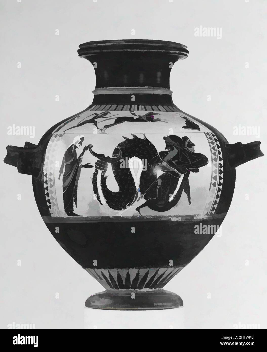 Art inspired by Terracotta hydria (water jar), Archaic, ca. 560–550 B.C., Greek, Attic, Terracotta; black-figure, H. 13 1/8 in. (33.3 cm), Vases, On the body, Herakles wrestling Triton, On the shoulder, Achilles pursuing Troilos. Herakles wrestling Triton is a recurrent subject, Classic works modernized by Artotop with a splash of modernity. Shapes, color and value, eye-catching visual impact on art. Emotions through freedom of artworks in a contemporary way. A timeless message pursuing a wildly creative new direction. Artists turning to the digital medium and creating the Artotop NFT Stock Photo