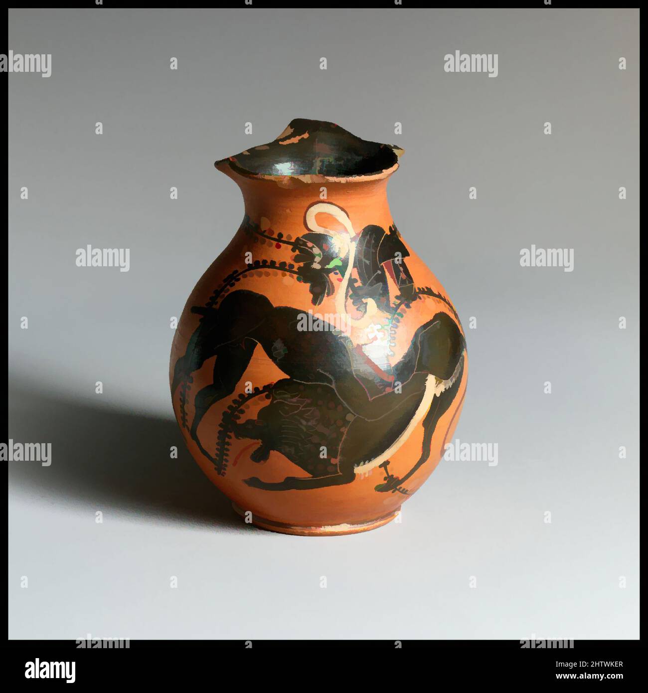 Art inspired by Terracotta oinochoe (jug), Archaic, early 5th century B.C., Greek, Attic, Terracotta; black-figure, H. 3 13/16 in. (9.7 cm.), Vases, The representation of Herakles fighting the Nemean lion is the most common depiction in Archaic Greek art of all the hero's labors. In, Classic works modernized by Artotop with a splash of modernity. Shapes, color and value, eye-catching visual impact on art. Emotions through freedom of artworks in a contemporary way. A timeless message pursuing a wildly creative new direction. Artists turning to the digital medium and creating the Artotop NFT Stock Photo