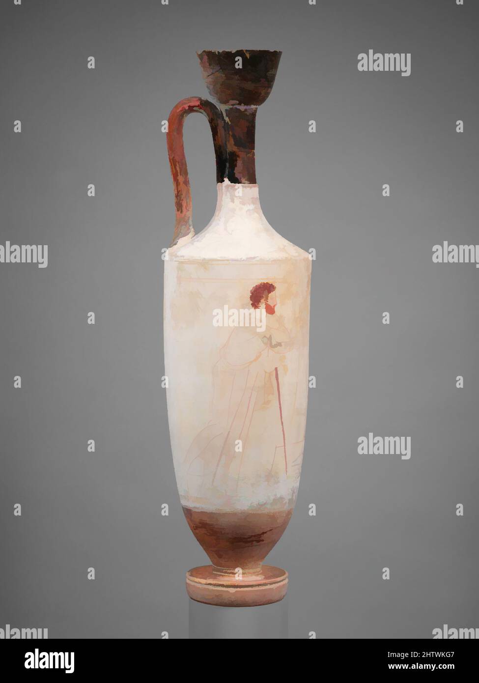 Art inspired by Terracotta lekythos (oil flask), Classical, ca. 420–400 B.C., Greek, Attic, Terracotta; white-ground, H.: 17 3/4 in. (45.1 cm), Vases, Youth seated at a tomb with bearded, draped man, Classic works modernized by Artotop with a splash of modernity. Shapes, color and value, eye-catching visual impact on art. Emotions through freedom of artworks in a contemporary way. A timeless message pursuing a wildly creative new direction. Artists turning to the digital medium and creating the Artotop NFT Stock Photo