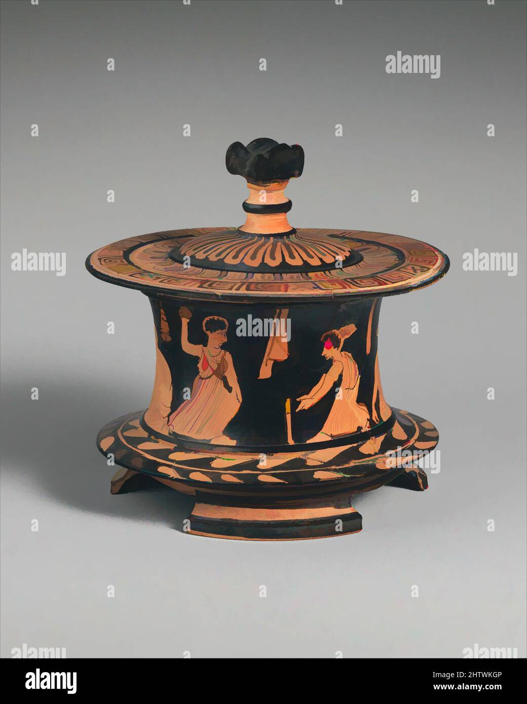 Art inspired by Terracotta pyxis (box), Classical, ca. 425–400 B.C., Greek, Attic, Terracotta; red-figure, H. 4 1/2 in. (11.4 cm), Vases, These women are playing knucklebones and another game. The finial on the lid is in the shape of a knucklebone, Classic works modernized by Artotop with a splash of modernity. Shapes, color and value, eye-catching visual impact on art. Emotions through freedom of artworks in a contemporary way. A timeless message pursuing a wildly creative new direction. Artists turning to the digital medium and creating the Artotop NFT Stock Photo
