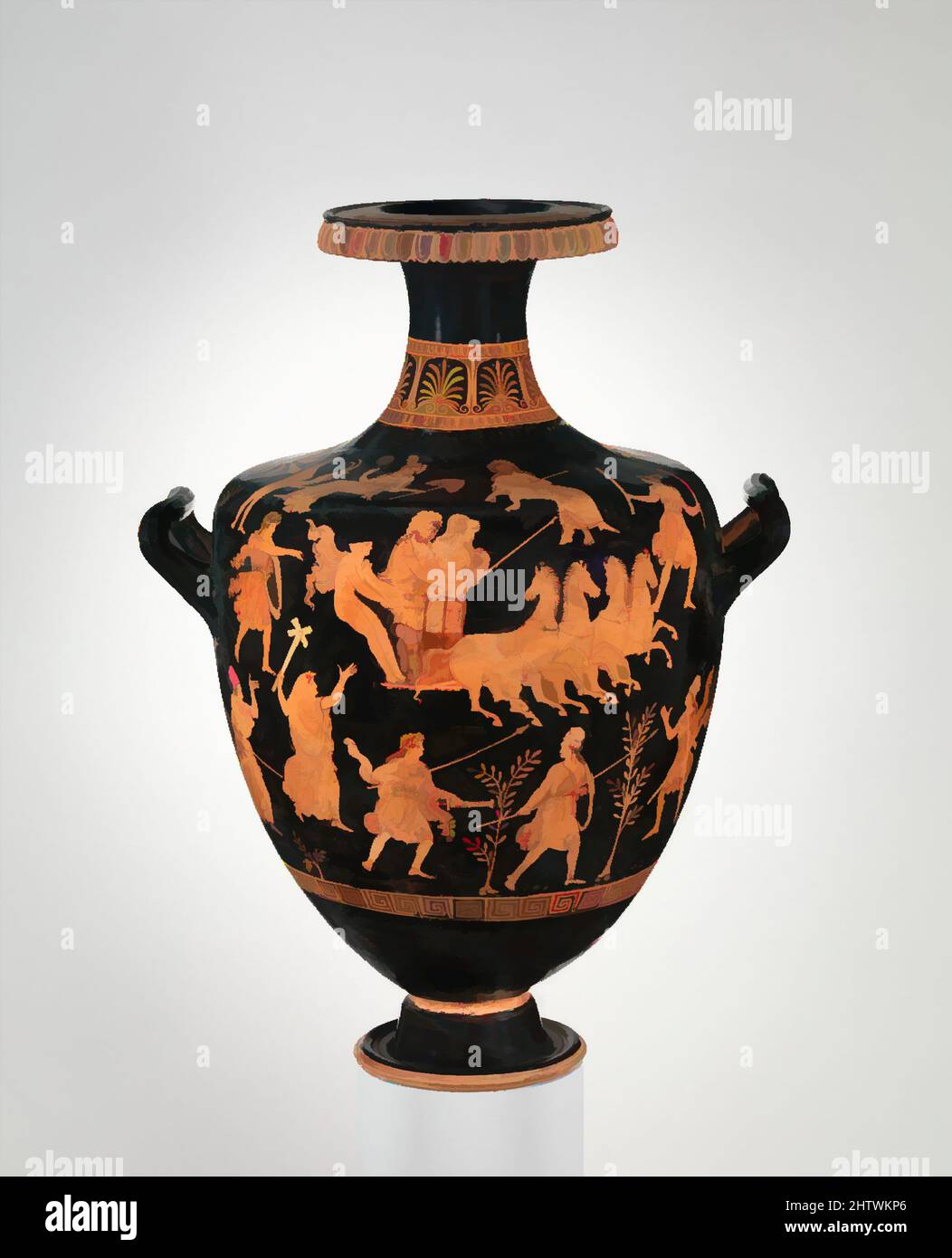Art inspired by Terracotta hydria (water jar), Late Classical, ca. 340–330 B.C., Greek, South Italian, Apulian, Terracotta; red-figure, H. 29 3/4 in. (75.6 cm), Vases, The abduction of Persephone by Hades surrounded by gods. The myth of the abduction of Persephone was situated in, Classic works modernized by Artotop with a splash of modernity. Shapes, color and value, eye-catching visual impact on art. Emotions through freedom of artworks in a contemporary way. A timeless message pursuing a wildly creative new direction. Artists turning to the digital medium and creating the Artotop NFT Stock Photo