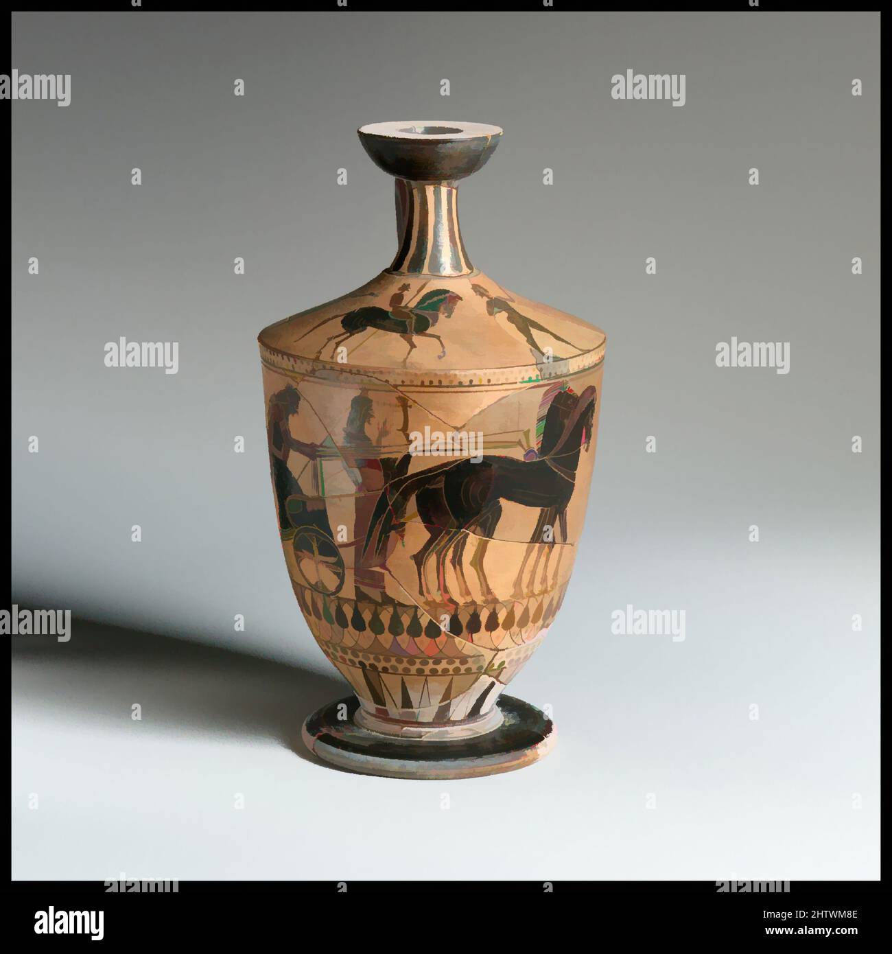 Art inspired by Terracotta lekythos (oil flask), Archaic, ca. 520 B.C., Greek, Attic, Terracotta; black-figure, H. 6 1/8 in. (15.5 cm), Vases, On the body, goddess mounting chariot, On the shoulder, horseman and athletes approaching seated man. The grayish color of the clay indicates, Classic works modernized by Artotop with a splash of modernity. Shapes, color and value, eye-catching visual impact on art. Emotions through freedom of artworks in a contemporary way. A timeless message pursuing a wildly creative new direction. Artists turning to the digital medium and creating the Artotop NFT Stock Photo