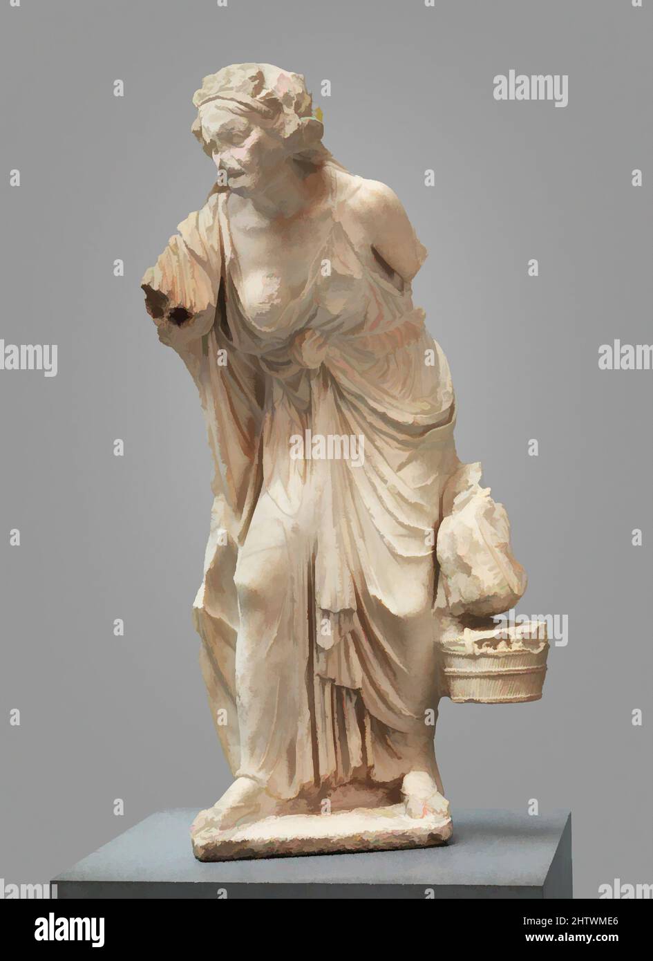 Art inspired by Marble statue of an old woman, Early Imperial, Julio-Claudian, A.D. 14–68, Roman, Marble, Pentelic, H. 49 5/8 in. (125.98 cm), Stone Sculpture, Copy of a Greek work of the second century B.C.. During the Hellenistic period, artists became concerned with the accurate, Classic works modernized by Artotop with a splash of modernity. Shapes, color and value, eye-catching visual impact on art. Emotions through freedom of artworks in a contemporary way. A timeless message pursuing a wildly creative new direction. Artists turning to the digital medium and creating the Artotop NFT Stock Photo