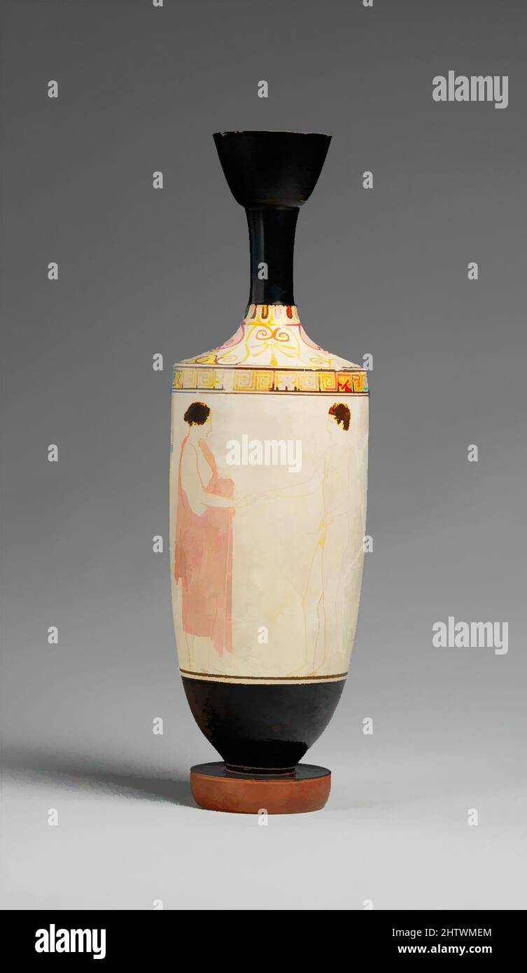 Art inspired by Terracotta lekythos (oil flask), Classical, ca. 440 B.C., Greek, Attic, Terracotta; white-ground, H.: 12 x 3 9/16 in. (30.5 x 9 cm), Vases, Woman and youth. The pigment of the youth's himation (cloak) is lost. The scene may be one of greeting or farewell. Because white-, Classic works modernized by Artotop with a splash of modernity. Shapes, color and value, eye-catching visual impact on art. Emotions through freedom of artworks in a contemporary way. A timeless message pursuing a wildly creative new direction. Artists turning to the digital medium and creating the Artotop NFT Stock Photo
