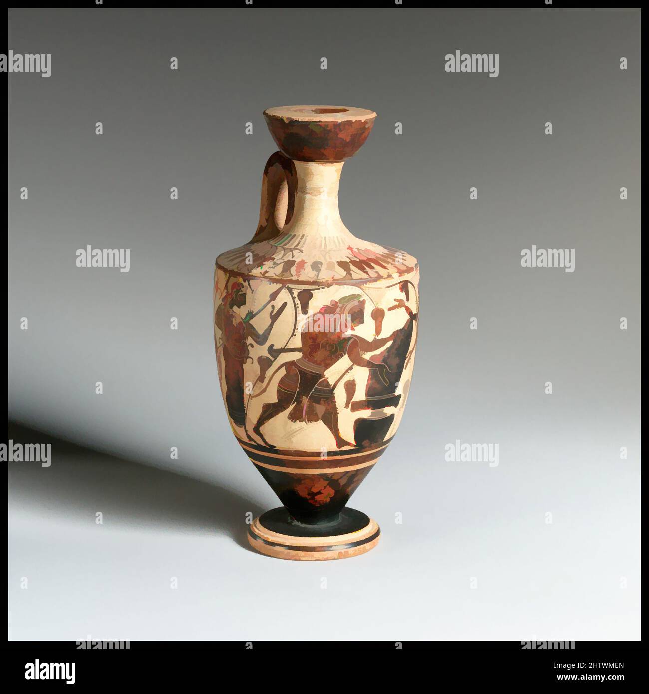 Art inspired by Terracotta lekythos (oil flask), Archaic, ca. 490 B.C., Greek, Attic, Terracotta; black-figure on white ground, H. 7 in. (17.8 cm.), Vases, The centaur Pholos, Herakles, Athena, and Hermes. On this vase, the centaur Pholos prepares for a feast, an event whose smell, Classic works modernized by Artotop with a splash of modernity. Shapes, color and value, eye-catching visual impact on art. Emotions through freedom of artworks in a contemporary way. A timeless message pursuing a wildly creative new direction. Artists turning to the digital medium and creating the Artotop NFT Stock Photo