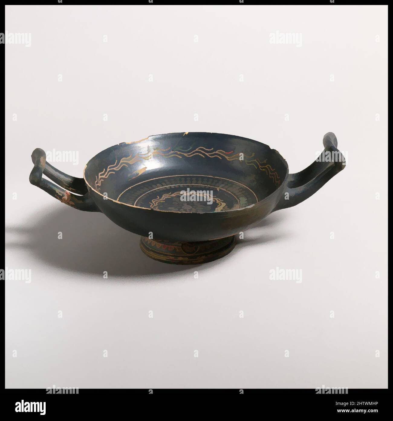 Art inspired by Terracotta kylix (drinking cup), Hellenistic, ca. 330–300 B.C., Greek, South Italian, Campanian, Teano, Terracotta; applied color, diameter 5in. (12.7cm), Vases, Decorated with ivy vine and stamped pattern, Classic works modernized by Artotop with a splash of modernity. Shapes, color and value, eye-catching visual impact on art. Emotions through freedom of artworks in a contemporary way. A timeless message pursuing a wildly creative new direction. Artists turning to the digital medium and creating the Artotop NFT Stock Photo
