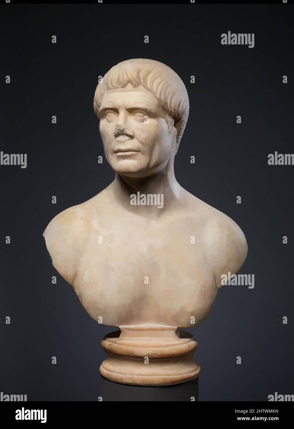 Art inspired by Marble portrait bust of a man, Trajanic, ca. A.D. 110–120, Roman, Marble, H. 24 5/8 in. (62.5 cm), Stone Sculpture, This man’s resolute expression and the simple yet studied arrangement of locks at his forehead bring to mind official portraits of the emperor Trajan (r, Classic works modernized by Artotop with a splash of modernity. Shapes, color and value, eye-catching visual impact on art. Emotions through freedom of artworks in a contemporary way. A timeless message pursuing a wildly creative new direction. Artists turning to the digital medium and creating the Artotop NFT Stock Photo