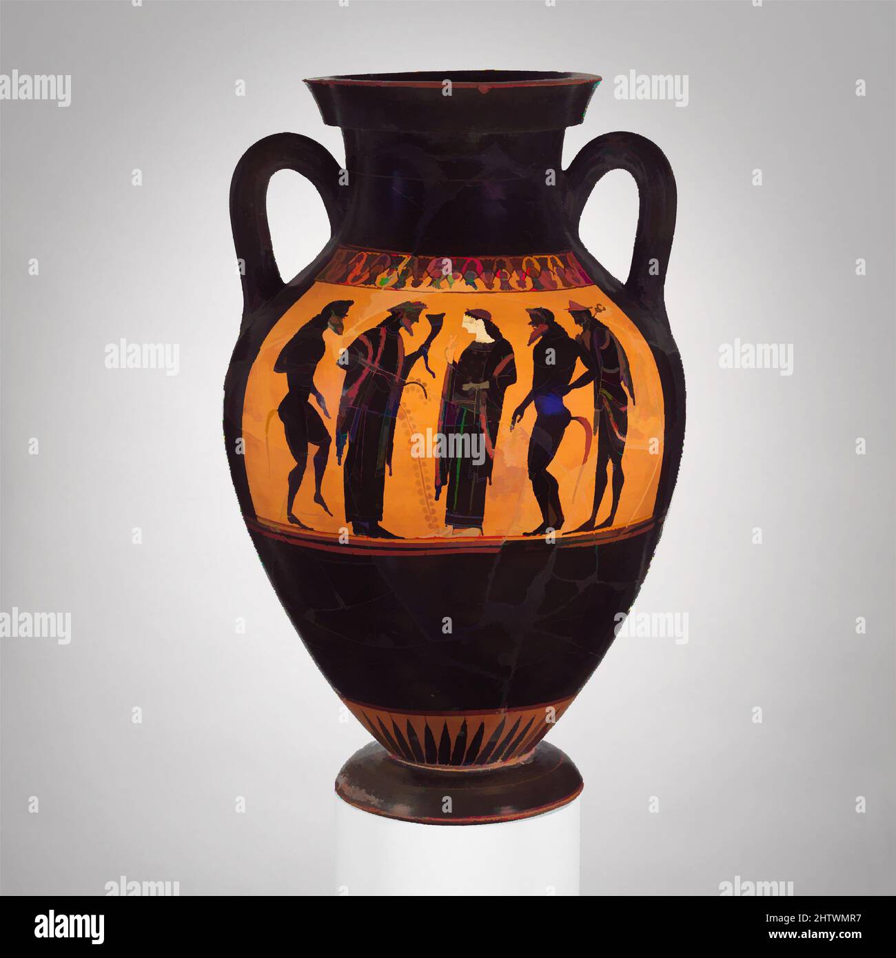 Art inspired by Terracotta amphora (jar), Archaic, ca. 530–520 B.C., Greek, Attic, Terracotta; black-figure, H. 21 13/16 in. (55.4 cm), Vases, Obverse, Athena and Herakles in a chariot, Reverse, Dionysos and Ariadne with satyrs and Hermes. There appears to be a chiastic relationship, Classic works modernized by Artotop with a splash of modernity. Shapes, color and value, eye-catching visual impact on art. Emotions through freedom of artworks in a contemporary way. A timeless message pursuing a wildly creative new direction. Artists turning to the digital medium and creating the Artotop NFT Stock Photo