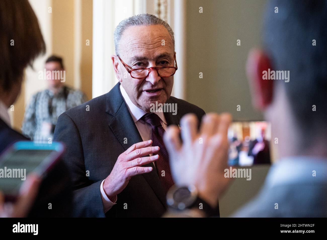 Washington, U.S. 02nd Mar, 2022. March 2, 2022 - Washington, DC, United States: Senate Majority Leader Chuck Schumer (D-NY) speaking with the press about his meeting with Supreme Court nominee Judge Ketanji Brown Jackson. (Photo by Michael Brochstein/Sipa USA) Credit: Sipa USA/Alamy Live News Stock Photo