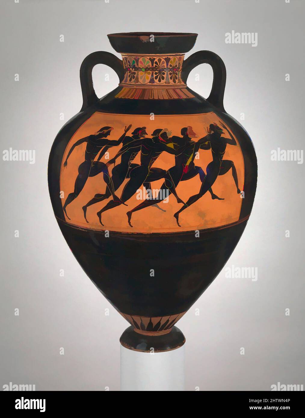 Art inspired by Terracotta Panathenaic prize amphora, Archaic, ca. 530 B.C., Greek, Attic, Terracotta; black-figure, H. 24 1/2 in. (62.2 cm), Vases, Obverse, Athena, Reverse, footrace. The Euphiletos Painter was trained in the black-figure technique. It is interesting to compare the, Classic works modernized by Artotop with a splash of modernity. Shapes, color and value, eye-catching visual impact on art. Emotions through freedom of artworks in a contemporary way. A timeless message pursuing a wildly creative new direction. Artists turning to the digital medium and creating the Artotop NFT Stock Photo