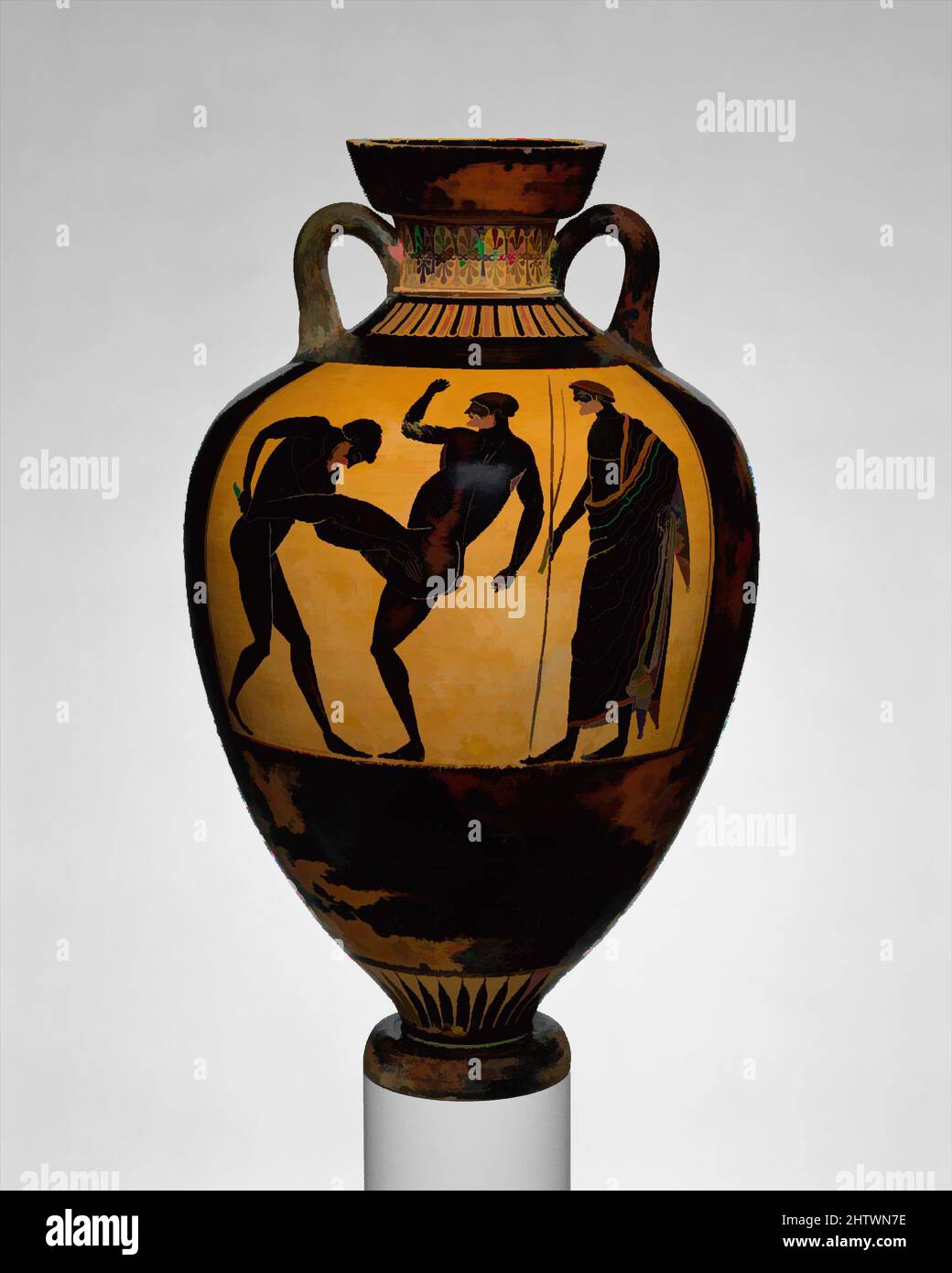 Art inspired by Terracotta Panathenaic prize amphora, Archaic, ca. 500 B.C., Greek, Attic, Terracotta; black-figure, H: 25 in. (63.5 cm), Vases, Obverse, Athena, Reverse, pankration (athletic contest) and judge. After the mid-sixth century B.C., artists' signatures do not appear on, Classic works modernized by Artotop with a splash of modernity. Shapes, color and value, eye-catching visual impact on art. Emotions through freedom of artworks in a contemporary way. A timeless message pursuing a wildly creative new direction. Artists turning to the digital medium and creating the Artotop NFT Stock Photo