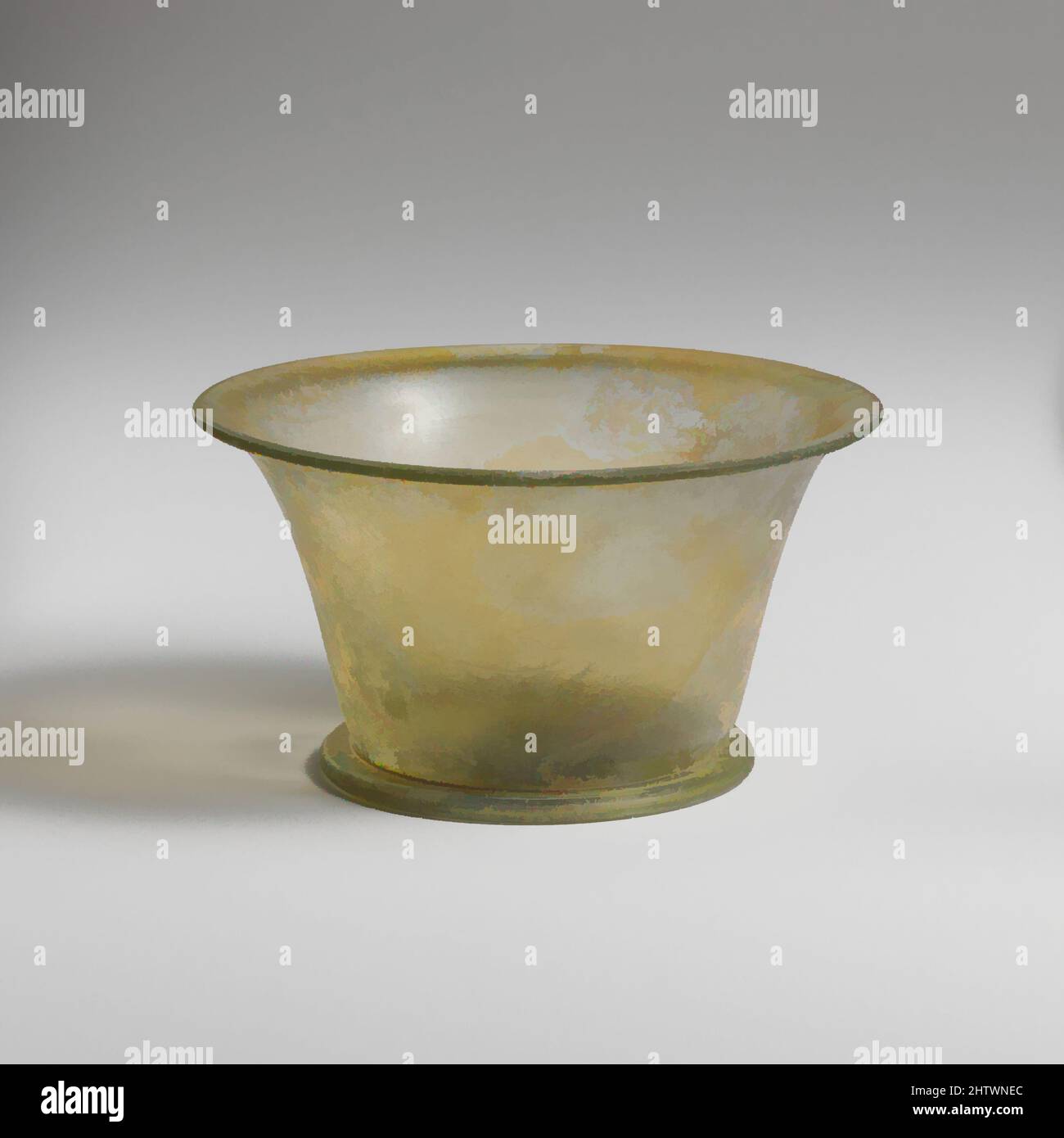 Art inspired by Glass cup, Imperial, 1st–early 2nd century A.D., Roman, Glass; blown, H.: 2 3/4 in. (7 cm), Glass, Translucent light yellow green., Outsplayed rim, with rounded, slightly thickened, horizontal lip; funnel-shaped body with gently curving side; hollow folded foot ring at, Classic works modernized by Artotop with a splash of modernity. Shapes, color and value, eye-catching visual impact on art. Emotions through freedom of artworks in a contemporary way. A timeless message pursuing a wildly creative new direction. Artists turning to the digital medium and creating the Artotop NFT Stock Photo