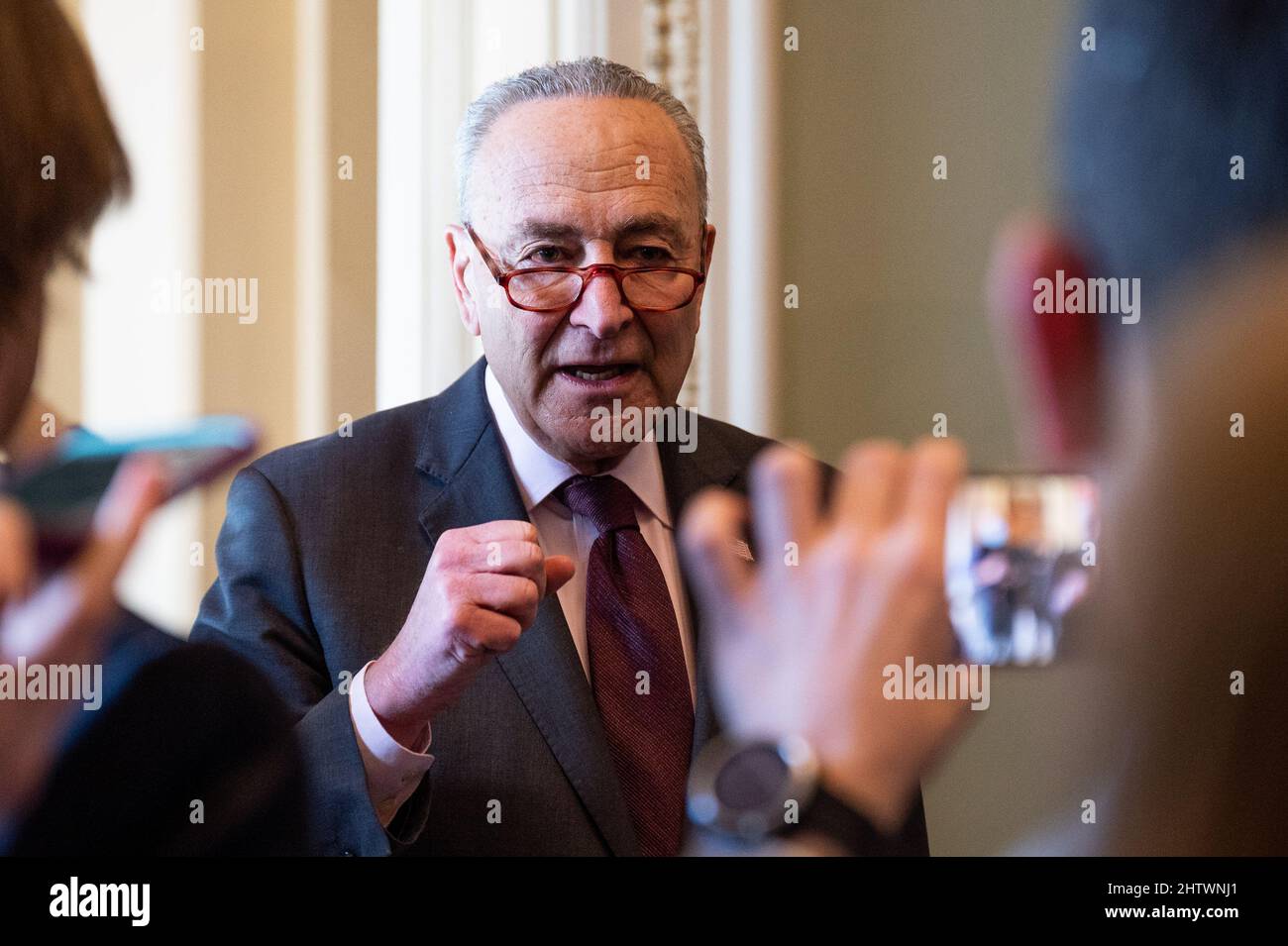 Washington, U.S. 02nd Mar, 2022. March 2, 2022 - Washington, DC, United States: Senate Majority Leader Chuck Schumer (D-NY) speaking with the press about his meeting with Supreme Court nominee Judge Ketanji Brown Jackson. (Photo by Michael Brochstein/Sipa USA) Credit: Sipa USA/Alamy Live News Stock Photo