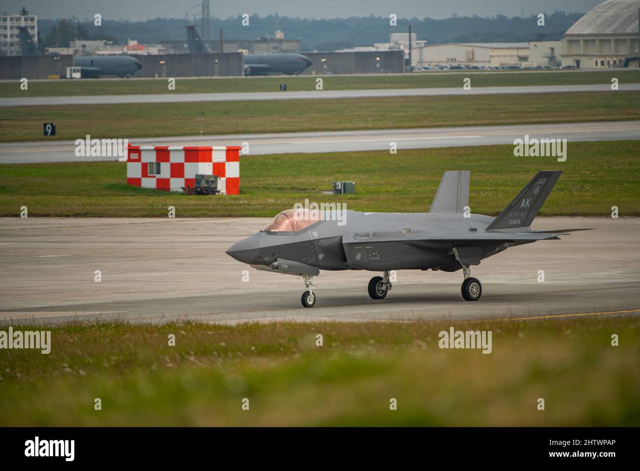 A U.S. Air Force F-35A Lightning II from Eielson Air Force Base, Alaska, taxis at Kadena Air Base, Japan, before take-off in support of integrated air operations, Feb. 21, 2022. Kadena Air Base regularly hosts transient aircraft in order to ensure a free and open Indo-Pacific region and to uphold obligations under the Treaty of Mutual Security and Cooperation between the United States and Japan. (U.S. Air Force photo by Senior Airman Stephen Pulter) Stock Photo