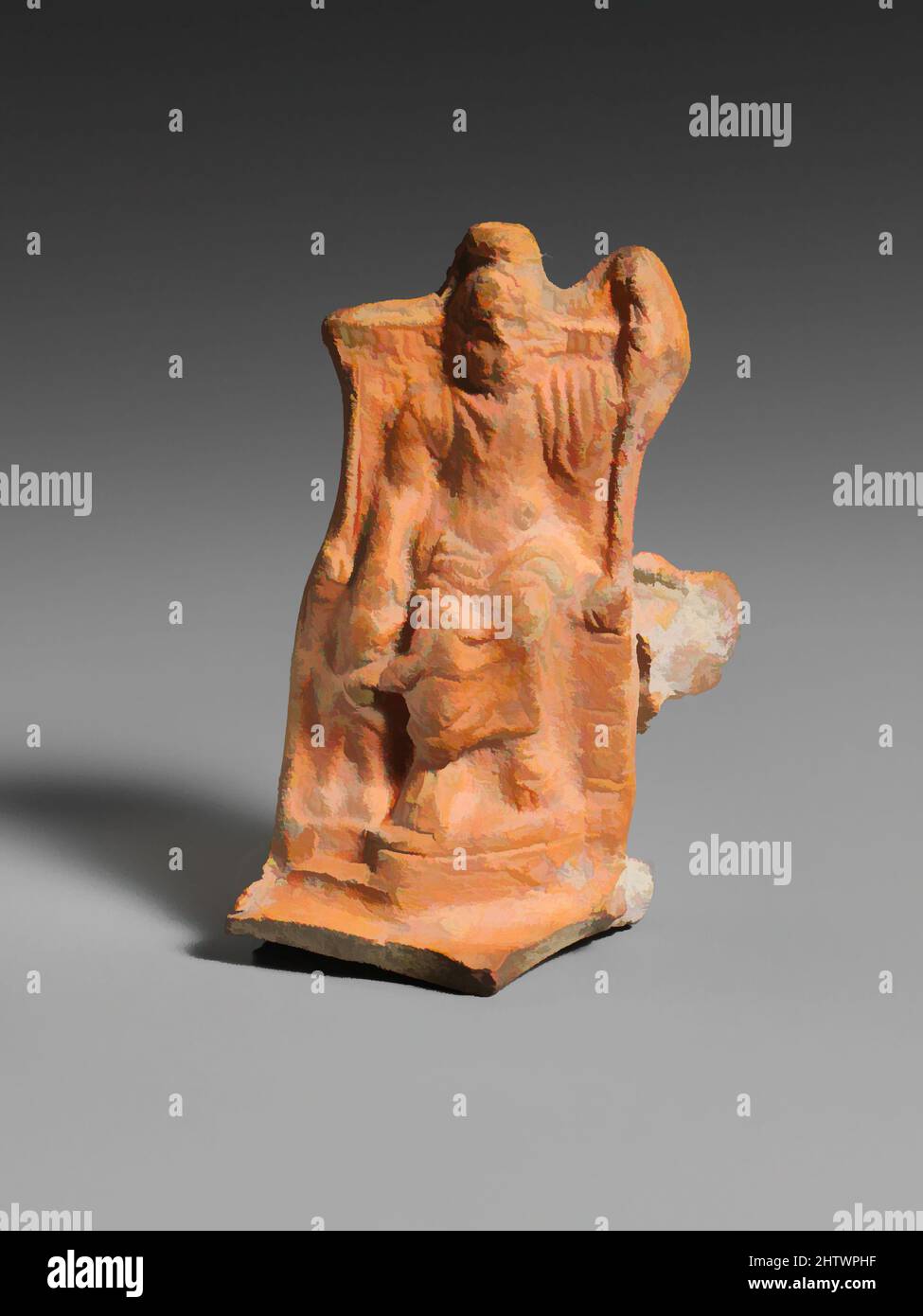 Art inspired by Terracotta lamp handle, Imperial, 2nd century A.D., Roman, Terracotta, L. 2 5/8 in. (6.7 cm.), Vases, Zeus Serapis, enthroned, holds a scepter in his left hand and rests his right hand on the head of Cerberos, the guard dog of Hades. Since the Roman Serapis is equated, Classic works modernized by Artotop with a splash of modernity. Shapes, color and value, eye-catching visual impact on art. Emotions through freedom of artworks in a contemporary way. A timeless message pursuing a wildly creative new direction. Artists turning to the digital medium and creating the Artotop NFT Stock Photo