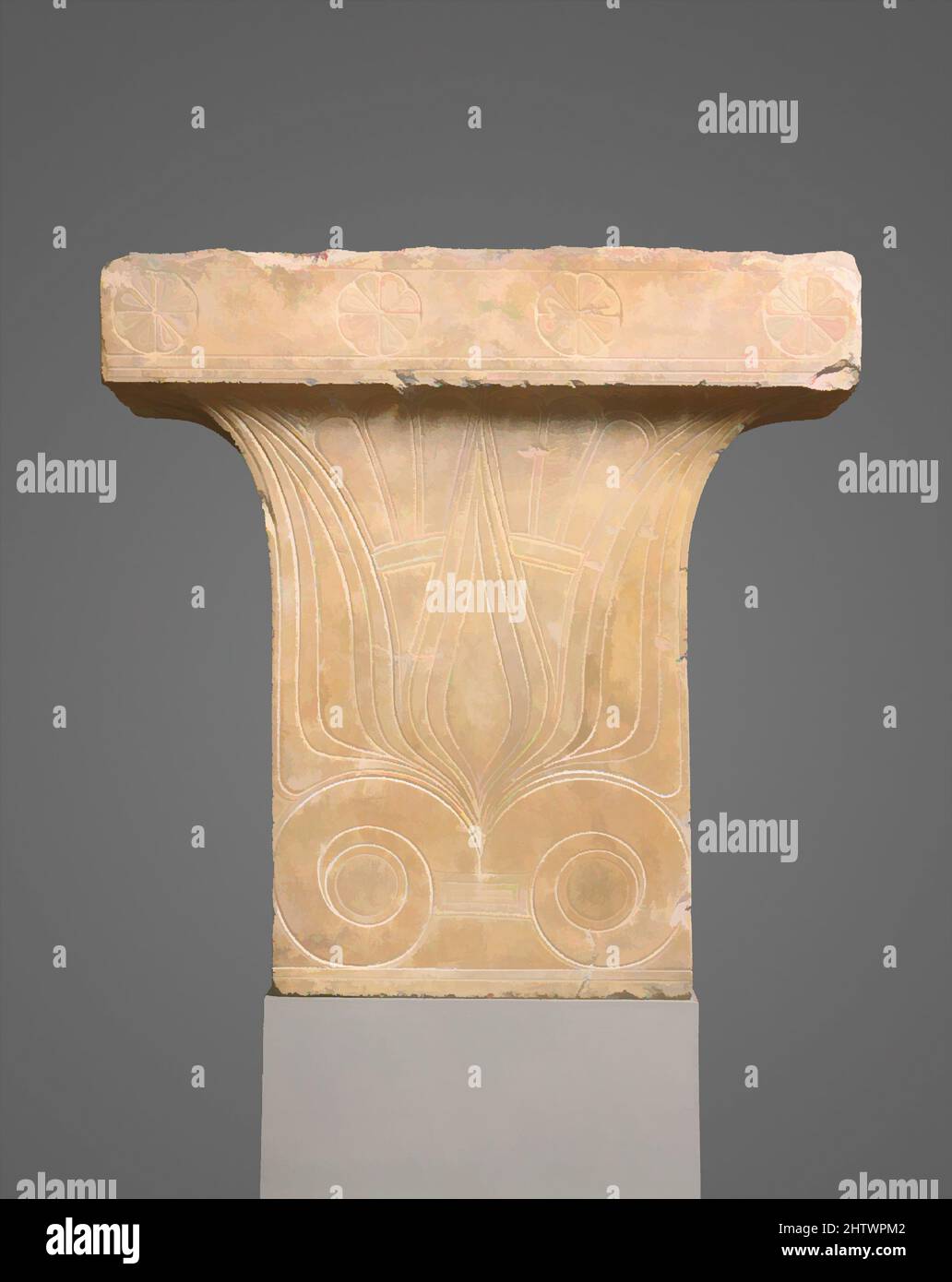 Art inspired by Marble cavetto capital, Archaic, mid-6th century B.C., Greek, Attic, Marble, Hymettian, H. 24 15/16 in. (63.3 cm), Stone Sculpture, This capital was part of a funerary or votive stele; it surmounted a tall shaft and supported a separately carved finial—presumably a, Classic works modernized by Artotop with a splash of modernity. Shapes, color and value, eye-catching visual impact on art. Emotions through freedom of artworks in a contemporary way. A timeless message pursuing a wildly creative new direction. Artists turning to the digital medium and creating the Artotop NFT Stock Photo