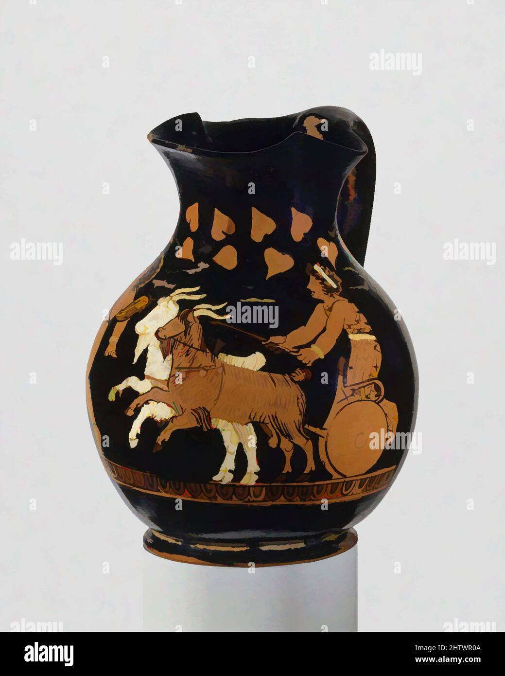 Art inspired by Terracotta oinochoe: chous (jug), Classical, ca. 400 B.C., Greek, Attic, Terracotta; red-figure, 4in. (10.2cm), Vases, Boy driving goat-drawn chariot preceded by boy with chous. The representation, with the lively animals and polychromy, is particularly engaging, Classic works modernized by Artotop with a splash of modernity. Shapes, color and value, eye-catching visual impact on art. Emotions through freedom of artworks in a contemporary way. A timeless message pursuing a wildly creative new direction. Artists turning to the digital medium and creating the Artotop NFT Stock Photo