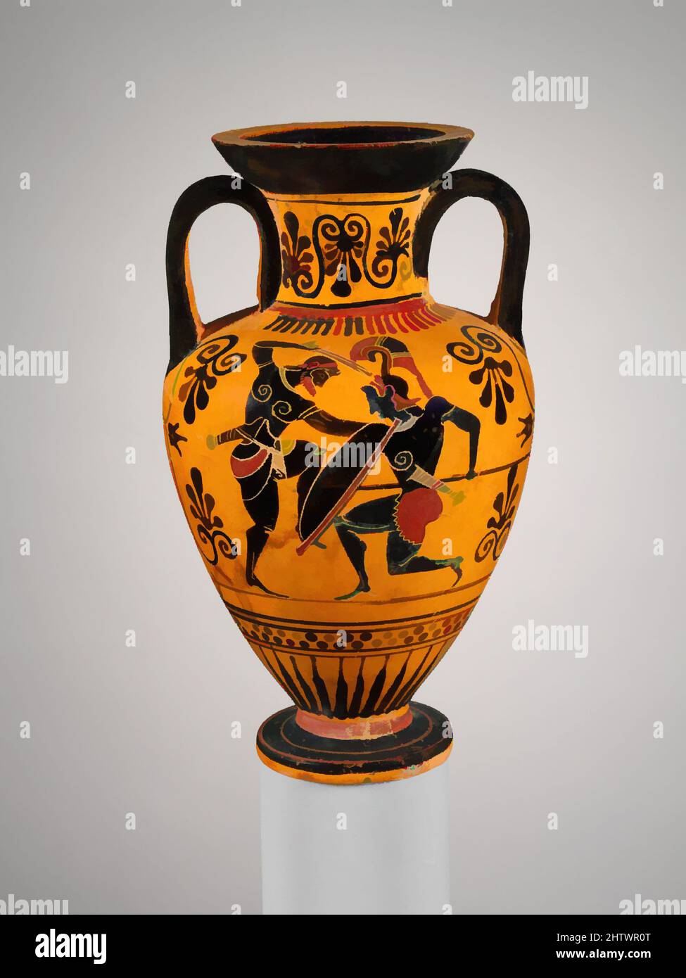 Art inspired by Terracotta neck-amphora (jar), Archaic, ca. 500 B.C., Greek, Attic, Terracotta; black-figure, H. 5 3/4 in. (14.6 cm.), Vases, Obverse, Theseus and the Minotaur with Ariadne (?), Reverse, Herakles battles an Amazon. This small neck-amphora shows Theseus slaying the, Classic works modernized by Artotop with a splash of modernity. Shapes, color and value, eye-catching visual impact on art. Emotions through freedom of artworks in a contemporary way. A timeless message pursuing a wildly creative new direction. Artists turning to the digital medium and creating the Artotop NFT Stock Photo