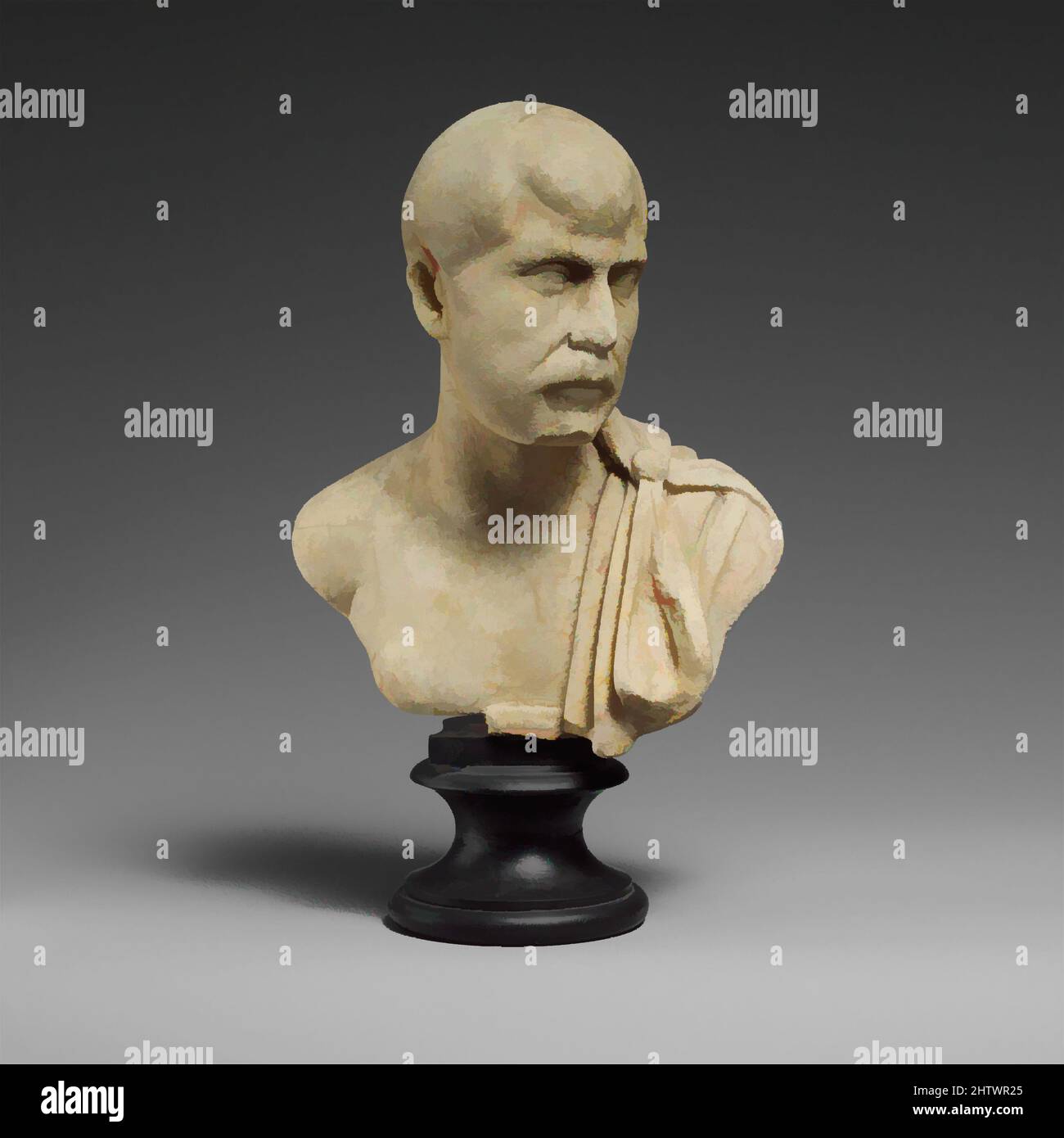 Art inspired by Marble bust of a man, Late Imperial, 3rd century A.D.,  Roman, Marble, H. 7 3/4 in. (19.7 cm), Stone Sculpture, Beardless man with  cloak on left shoulder. The barely