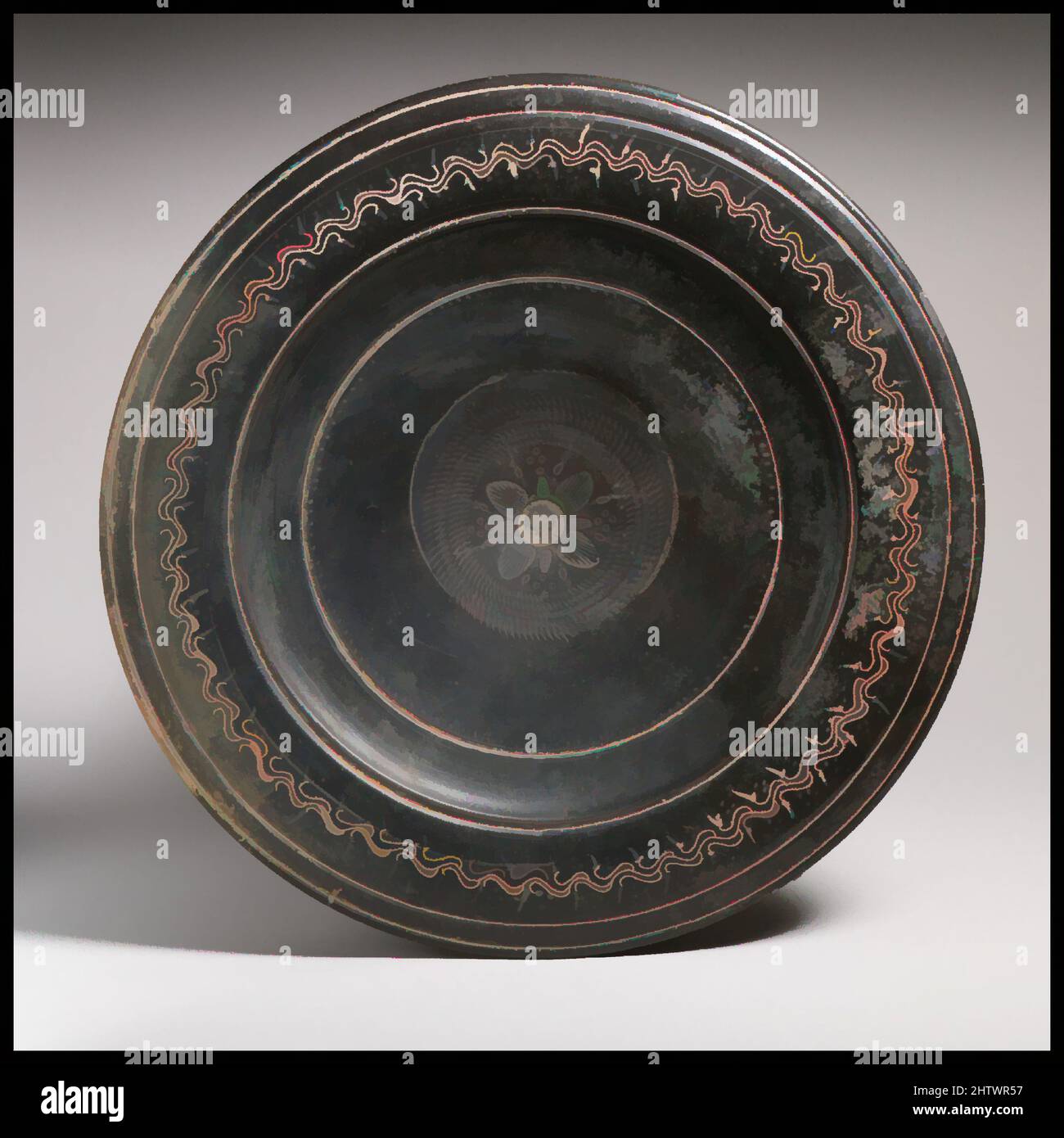 Art inspired by Terracotta dish, Hellenistic, ca. 330–300 B.C., Greek, South Italian, Campanian, Teano, Terracotta; applied color, diameter 11 5/16in. (28.7cm), Vases, Stamped, incised and painted decorations, Classic works modernized by Artotop with a splash of modernity. Shapes, color and value, eye-catching visual impact on art. Emotions through freedom of artworks in a contemporary way. A timeless message pursuing a wildly creative new direction. Artists turning to the digital medium and creating the Artotop NFT Stock Photo