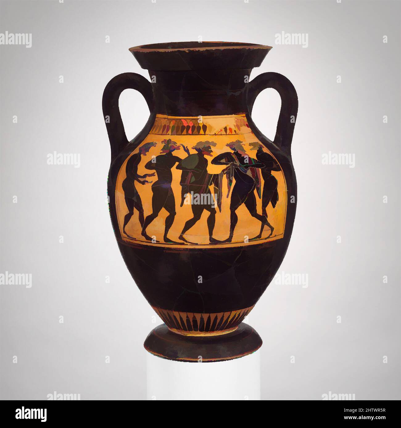 Art inspired by Terracotta amphora (jar), Archaic, ca. 520–510 B.C., Greek, Attic, Terracotta; black-figure, H. 15 3/4 in. (40 cm), Vases, Obverse and reverse, revelers. Drinking plays a large part in Attic vase-painting. Many of the shapes were made for the symposium, and their, Classic works modernized by Artotop with a splash of modernity. Shapes, color and value, eye-catching visual impact on art. Emotions through freedom of artworks in a contemporary way. A timeless message pursuing a wildly creative new direction. Artists turning to the digital medium and creating the Artotop NFT Stock Photo