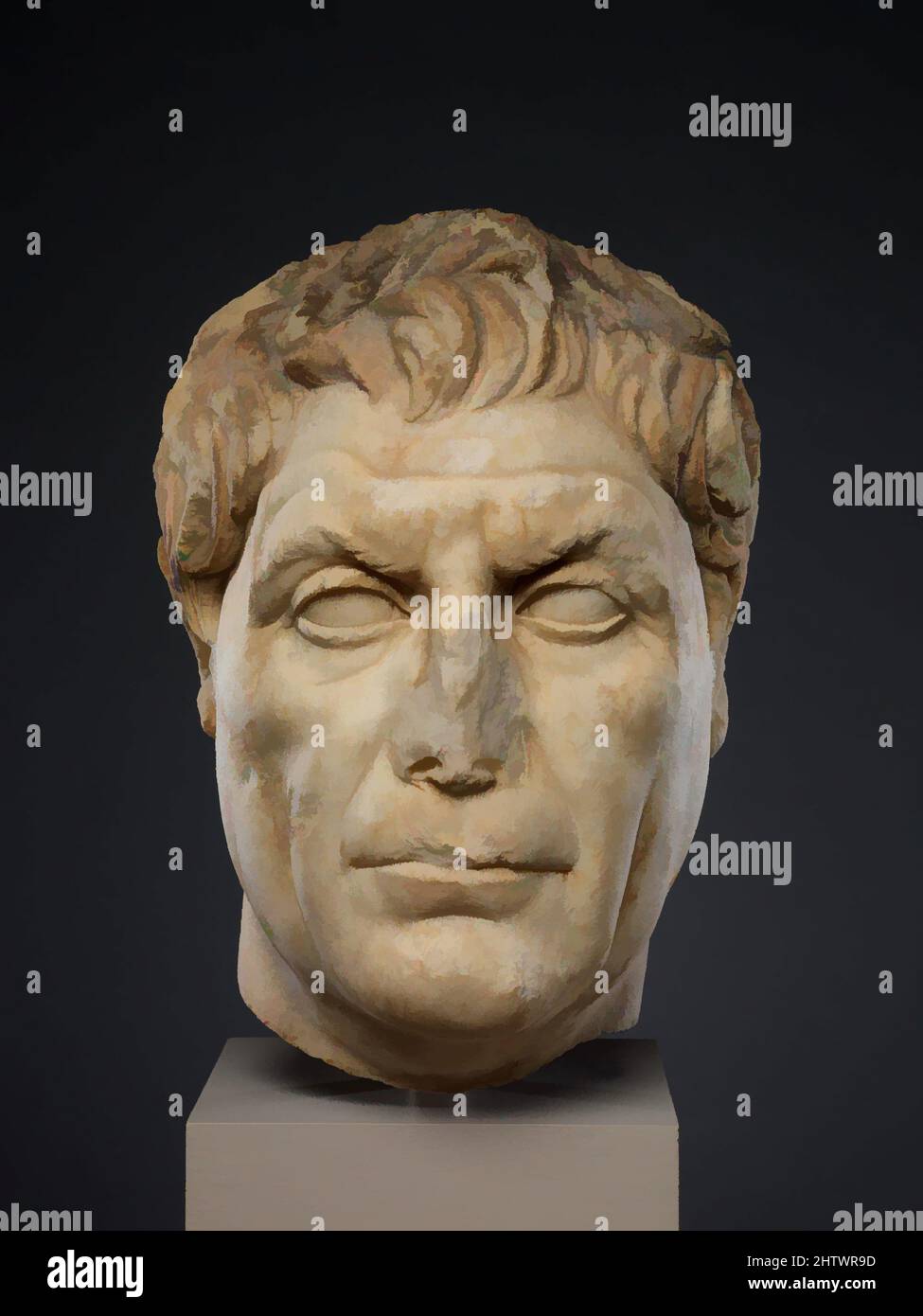 Art inspired by Marble portrait of a man, Imperial, Late Flavian or Early Trajanic, ca. A.D. 100, Roman, Marble, H. 11 3/16 in. (28.4 cm), Stone Sculpture, Like this powerful image of a middle-aged man, many Flavian portraits show the same uncompromising representation of aging flesh, Classic works modernized by Artotop with a splash of modernity. Shapes, color and value, eye-catching visual impact on art. Emotions through freedom of artworks in a contemporary way. A timeless message pursuing a wildly creative new direction. Artists turning to the digital medium and creating the Artotop NFT Stock Photo
