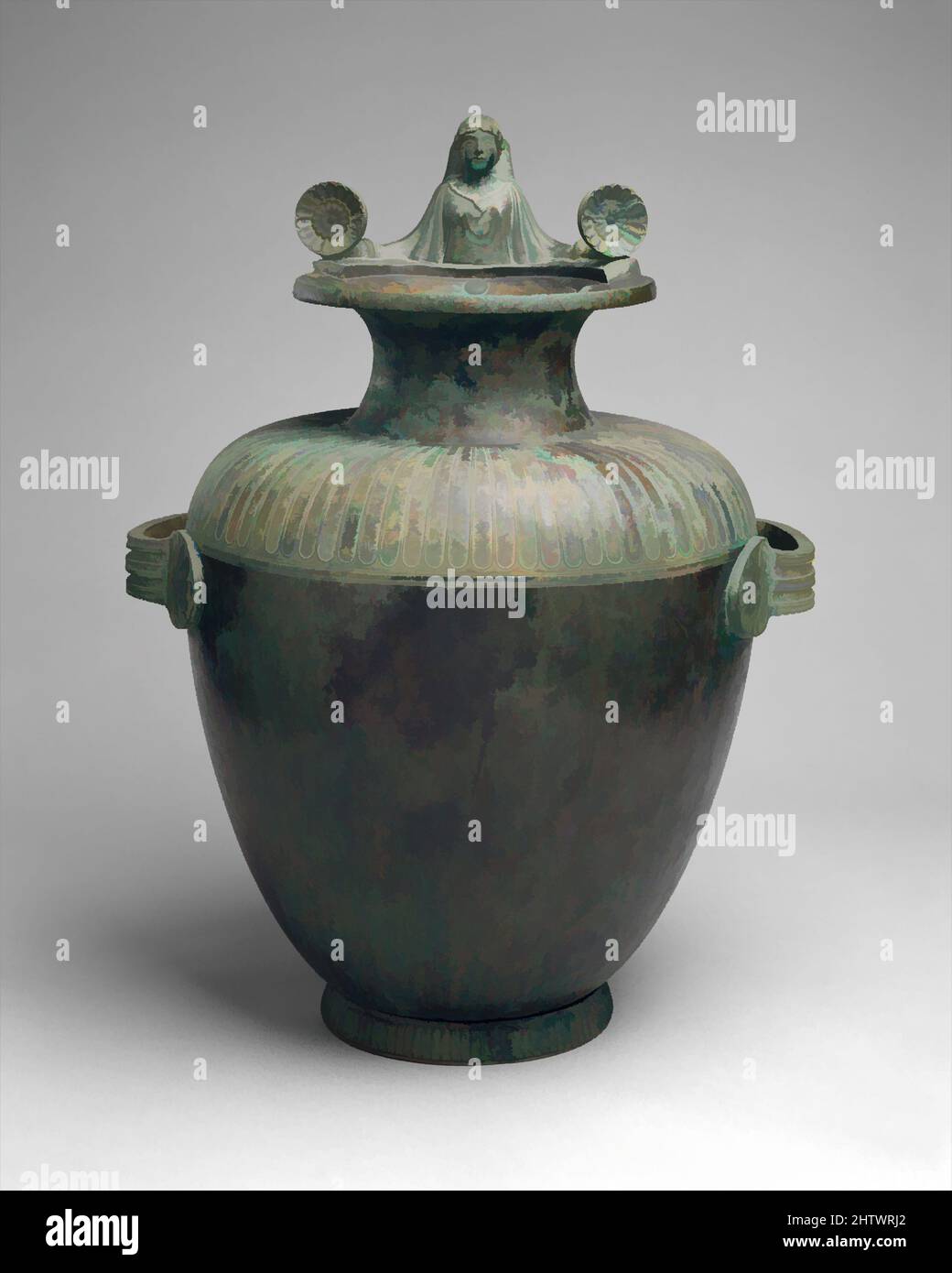 Art inspired by Bronze hydria (water jar), Classical, mid-5th century B.C., Greek, Argive, Bronze, H. with handle 20 1/4 in. (51.41 cm), Bronzes, Inscribed on top of the mouth 'one of the prizes from Argive Hera'. This hydria, like Greek art in all its forms, is marked by clearly, Classic works modernized by Artotop with a splash of modernity. Shapes, color and value, eye-catching visual impact on art. Emotions through freedom of artworks in a contemporary way. A timeless message pursuing a wildly creative new direction. Artists turning to the digital medium and creating the Artotop NFT Stock Photo
