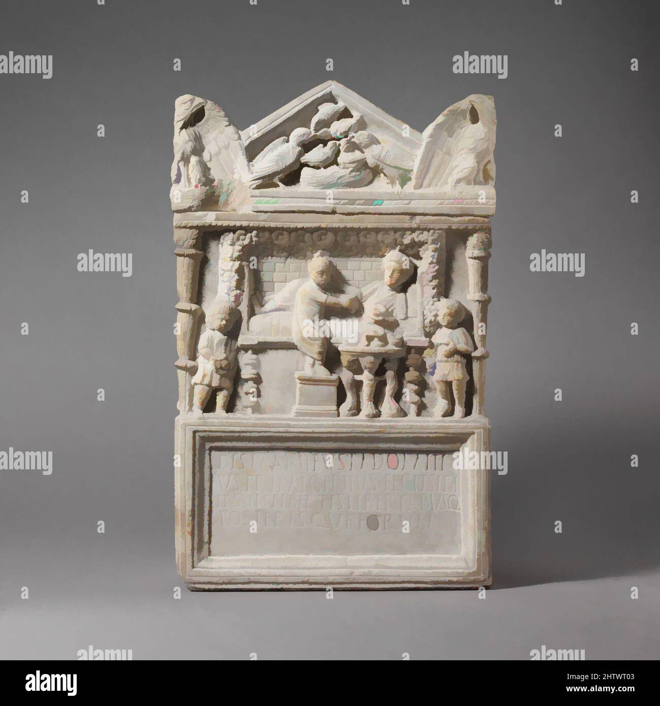 Art inspired by Marble cinerary chest with lid, Imperial, Flavian or Trajanic, ca. A.D. 90–110, Roman, Marble, H. with cover 21 3/8 in. (54.3 cm), Stone Sculpture, The Latin inscription reads: 'To the spirits of the dead. M. Domitius Primigenius made this for himself, his freedmen and, Classic works modernized by Artotop with a splash of modernity. Shapes, color and value, eye-catching visual impact on art. Emotions through freedom of artworks in a contemporary way. A timeless message pursuing a wildly creative new direction. Artists turning to the digital medium and creating the Artotop NFT Stock Photo