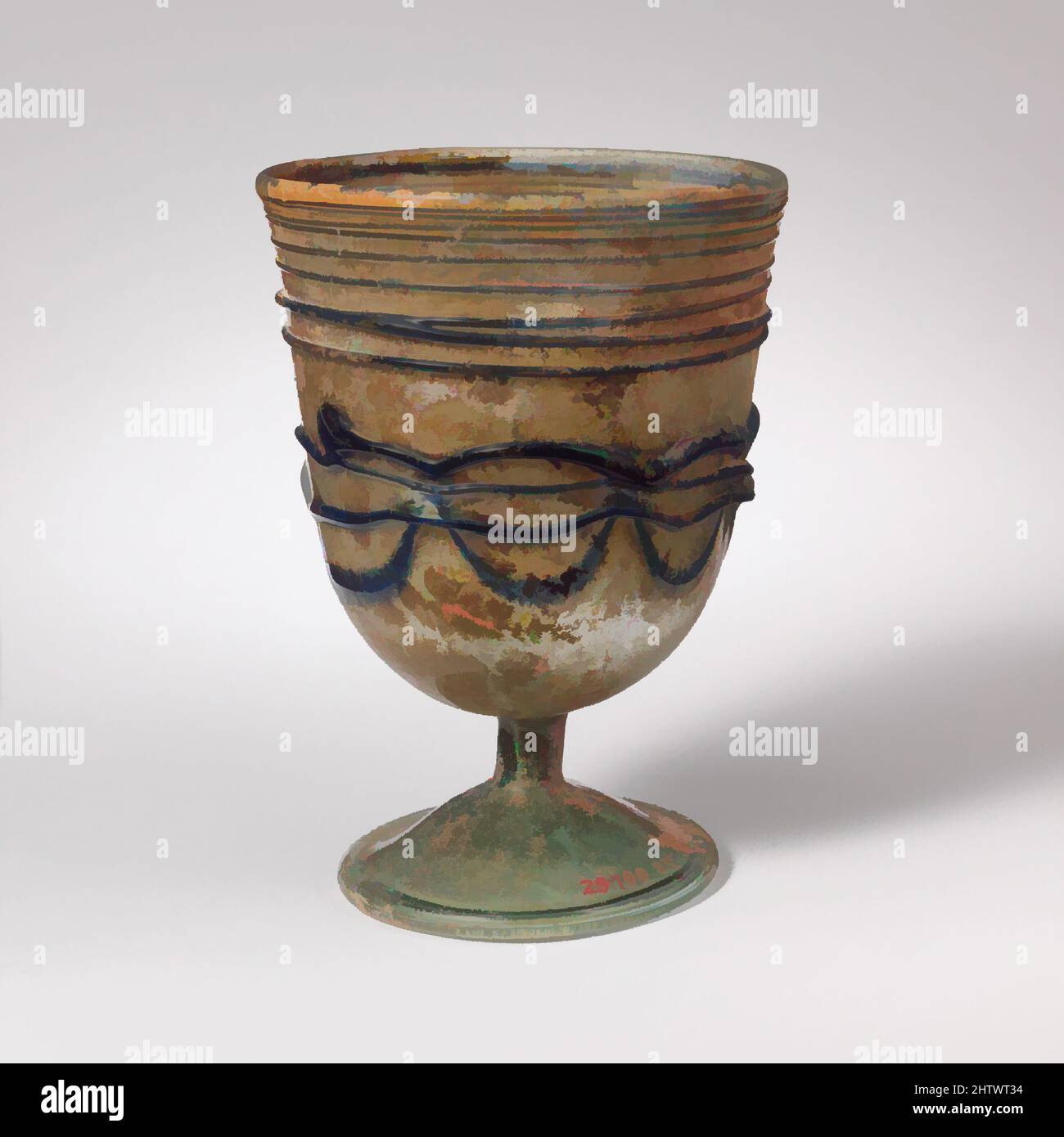 Art inspired by Glass stemmed cup, Late Imperial or Early Byzantine, 4th–5th century A.D. or later, Roman, Palestinian, Glass; blown and trailed, H.: 3 3/4 in. (9.5 cm), Glass, Translucent pale blue green; trails in translucent cobalt blue., Thickened, vertical rim, with slightly, Classic works modernized by Artotop with a splash of modernity. Shapes, color and value, eye-catching visual impact on art. Emotions through freedom of artworks in a contemporary way. A timeless message pursuing a wildly creative new direction. Artists turning to the digital medium and creating the Artotop NFT Stock Photo