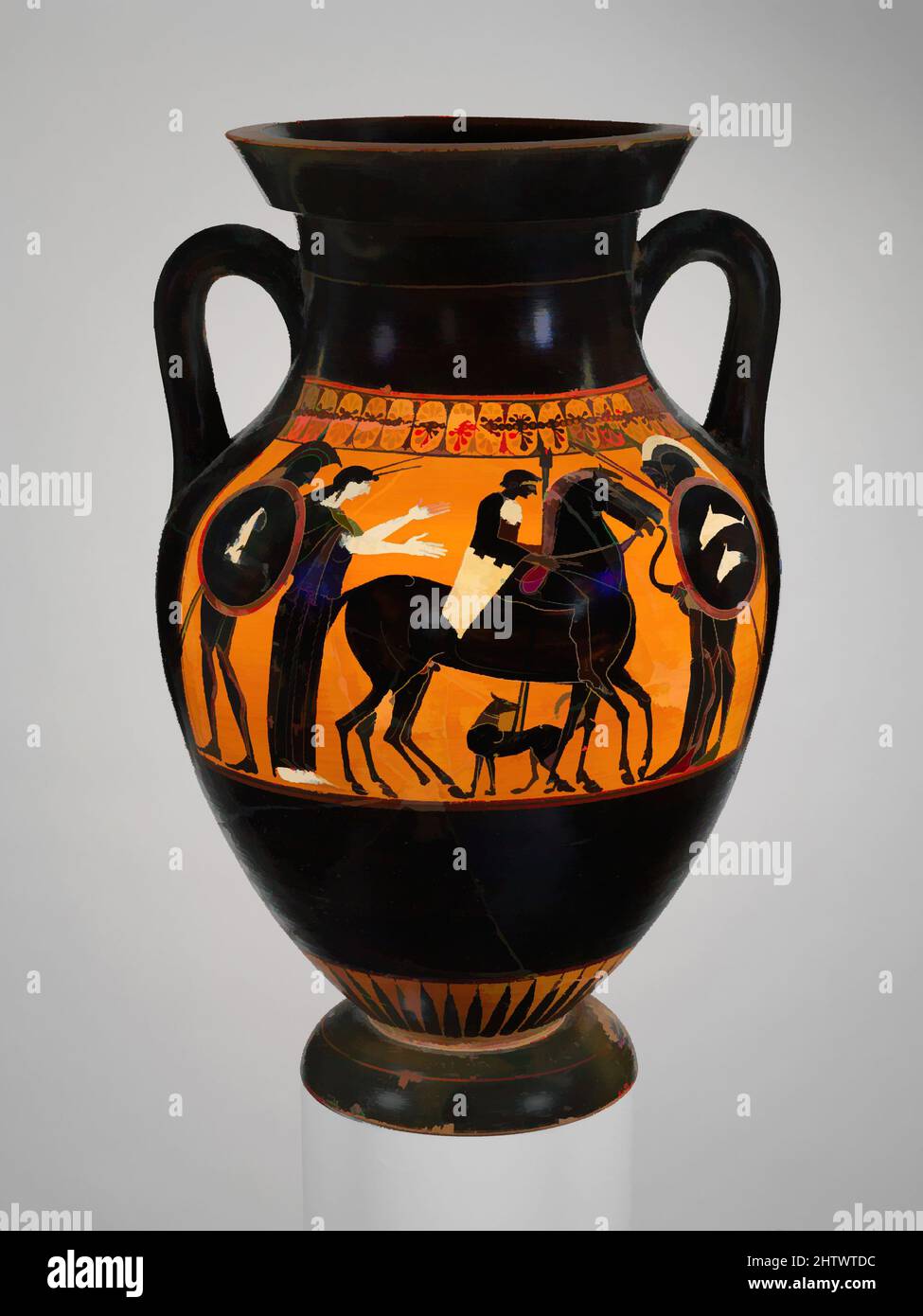 Art inspired by Terracotta amphora (jar), Archaic, ca. 520 B.C., Greek, Attic, Terracotta; black-figure, H. 21 5/16 in. (54.2 cm), Vases, Obverse, Athena mounting chariot, with Herakles and gods, Reverse, warriors' departure. The scene on the reverse is interesting for the way in which, Classic works modernized by Artotop with a splash of modernity. Shapes, color and value, eye-catching visual impact on art. Emotions through freedom of artworks in a contemporary way. A timeless message pursuing a wildly creative new direction. Artists turning to the digital medium and creating the Artotop NFT Stock Photo