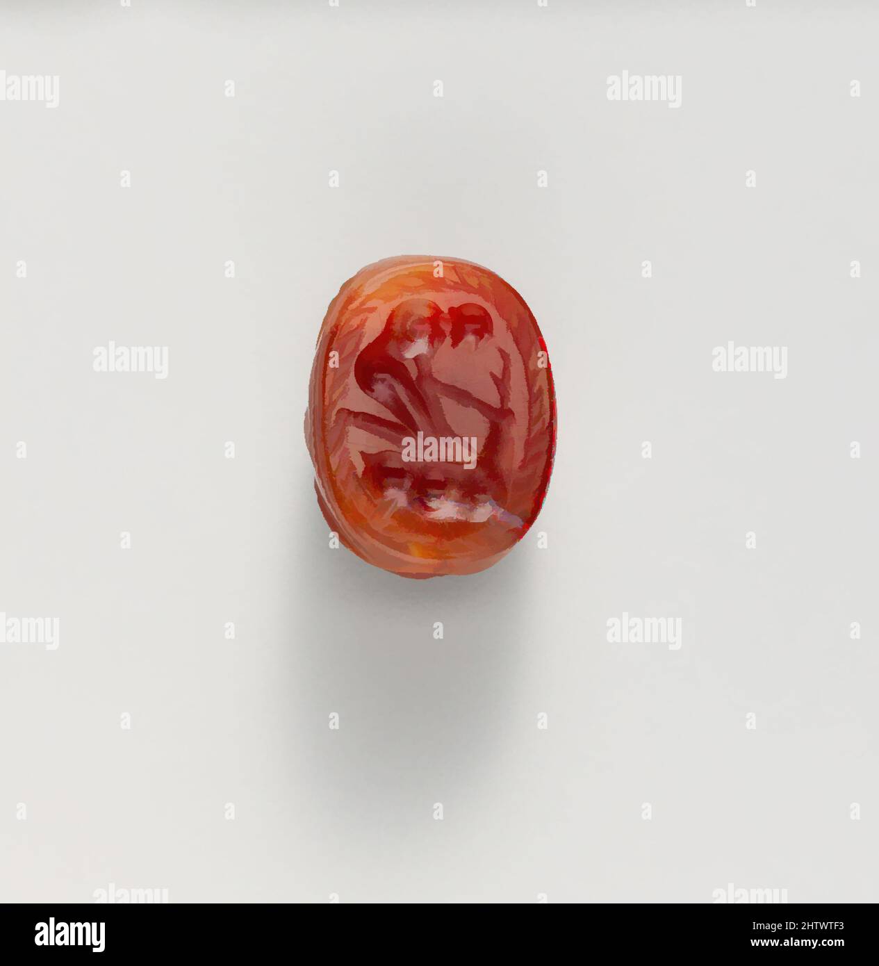 Art inspired by Carnelian scarab, ca. 325–200 B.C., Etruscan, Carnelian, Other: 3/8 x 1/2 x 5/8 in. (0.9 x 1.3 x 1.6 cm), Gems, Man kneeling on a deer, perhaps Herakles and the Arcadian stag, Classic works modernized by Artotop with a splash of modernity. Shapes, color and value, eye-catching visual impact on art. Emotions through freedom of artworks in a contemporary way. A timeless message pursuing a wildly creative new direction. Artists turning to the digital medium and creating the Artotop NFT Stock Photo