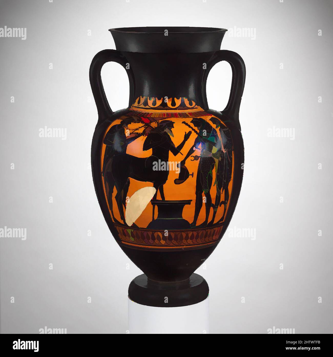 Art inspired by Terracotta neck-amphora (jar), Archaic, ca. 510–500 B.C., Greek, Attic, Terracotta; black-figure, H. 12 15/16 in. (32.8 cm), Vases, Obverse, the centaur Pholos and Herakles between Iolaos and Hermes., Reverse, revellers, Classic works modernized by Artotop with a splash of modernity. Shapes, color and value, eye-catching visual impact on art. Emotions through freedom of artworks in a contemporary way. A timeless message pursuing a wildly creative new direction. Artists turning to the digital medium and creating the Artotop NFT Stock Photo