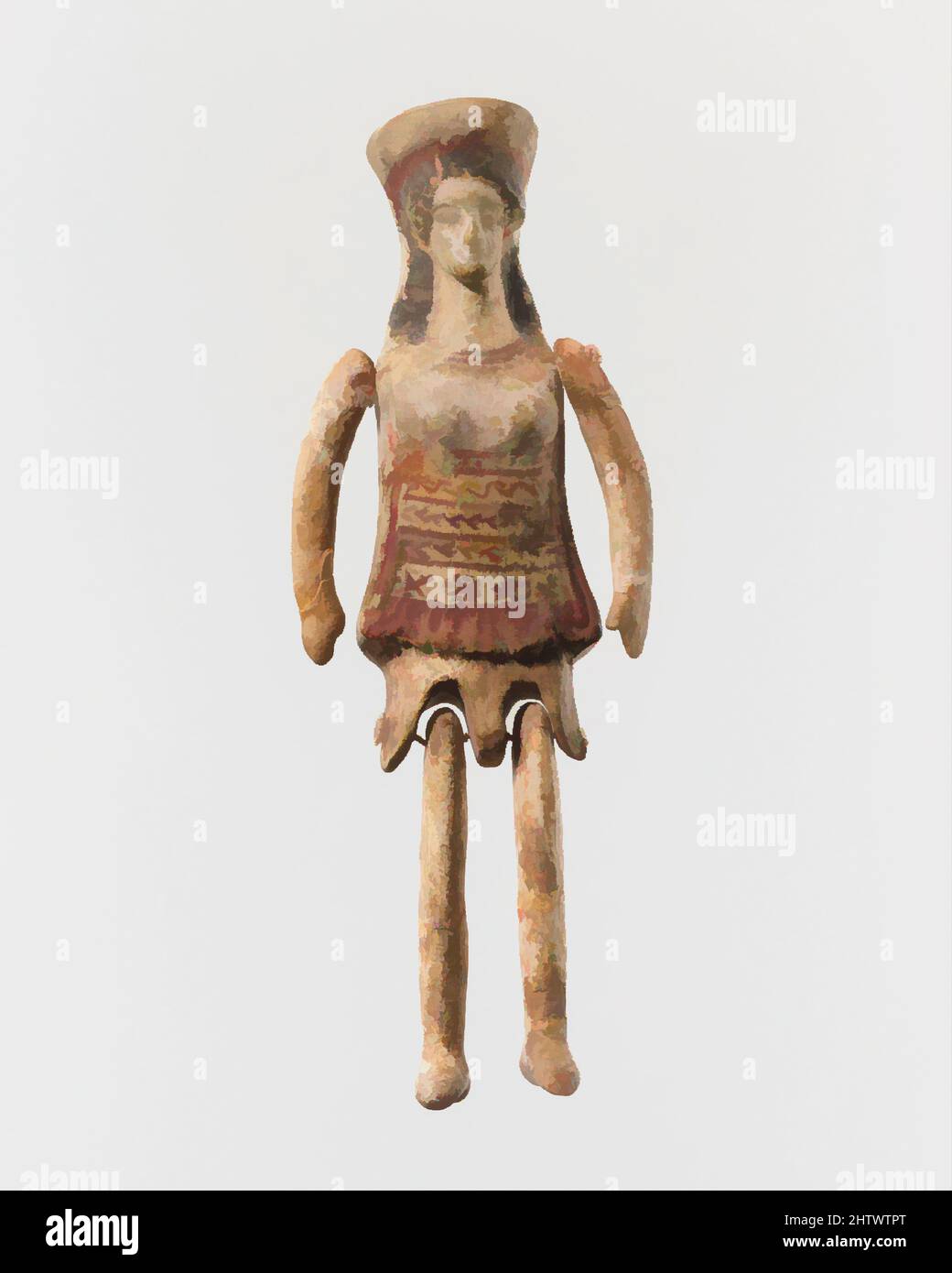 Art inspired by Terracotta jointed 'doll', Classical, 5th century B.C., Greek, Corinthian, Terracotta, H. 4 3/4 in. (12 cm), Terracottas, Many examples of such small jointed figurines have been found in tombs, sanctuaries, and terracotta factories. Their attire—a cylindrical polos (, Classic works modernized by Artotop with a splash of modernity. Shapes, color and value, eye-catching visual impact on art. Emotions through freedom of artworks in a contemporary way. A timeless message pursuing a wildly creative new direction. Artists turning to the digital medium and creating the Artotop NFT Stock Photo