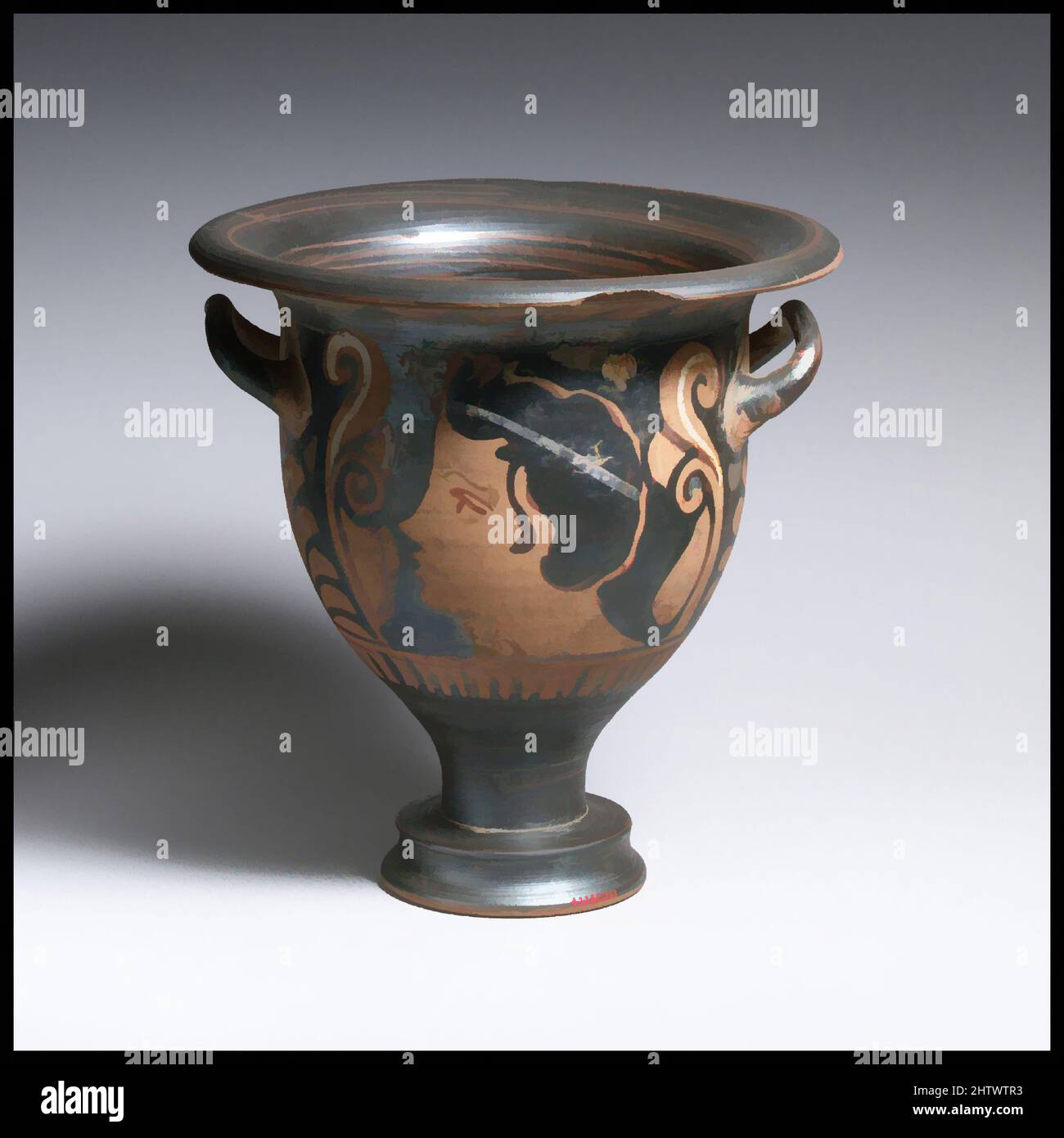 Art inspired by Bell-krater, Late Classical, ca. 360–330 B.C., Greek, South Italian, Campanian, Terracotta; red-figure, Overall: 7 1/2 in. (19.1 cm), Vases, Obverse, head of a woman to left; reverse, head of a young satyr to left, Classic works modernized by Artotop with a splash of modernity. Shapes, color and value, eye-catching visual impact on art. Emotions through freedom of artworks in a contemporary way. A timeless message pursuing a wildly creative new direction. Artists turning to the digital medium and creating the Artotop NFT Stock Photo