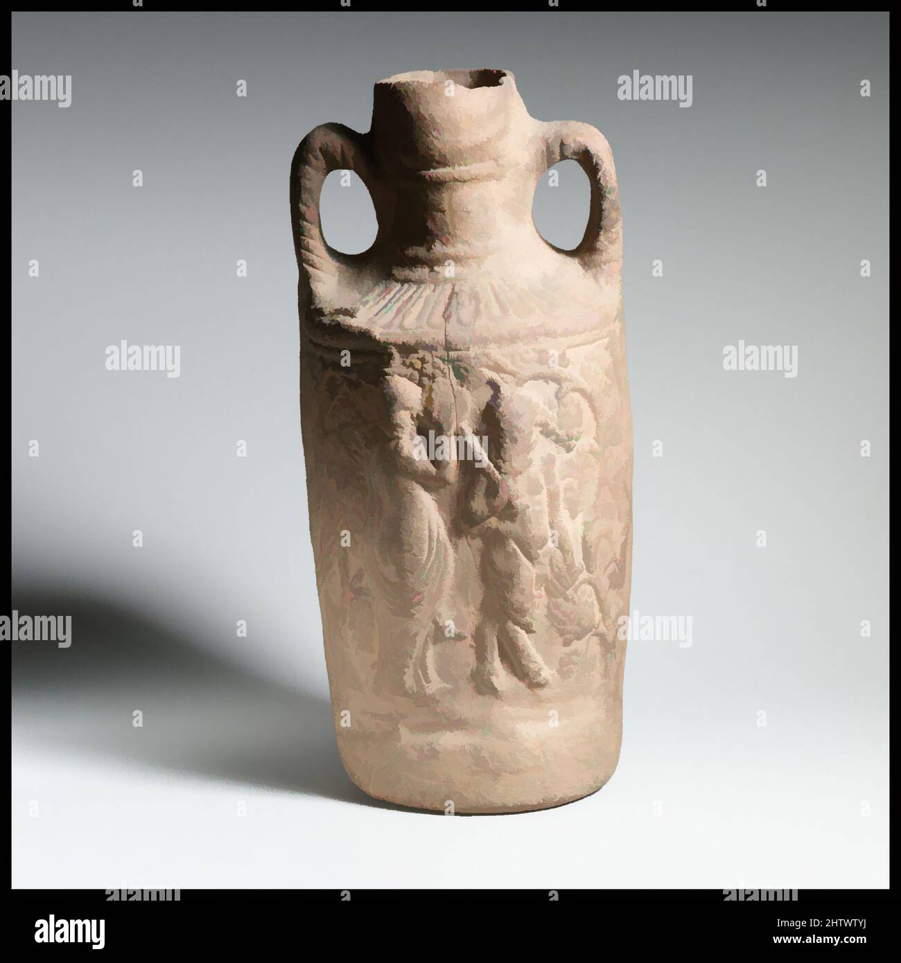 Art inspired by Terracotta amphora (jug), Mid-Imperial, 2nd–3rd century A.D., Roman, Terracotta; Cnidian relief ware, H. 10 3/8 in. (26.4 cm), Vases, This vessel was made at Cnidus, a trading and manufacturing port in Caria (southwestern Turkey), famed for its statue of Aphrodite by, Classic works modernized by Artotop with a splash of modernity. Shapes, color and value, eye-catching visual impact on art. Emotions through freedom of artworks in a contemporary way. A timeless message pursuing a wildly creative new direction. Artists turning to the digital medium and creating the Artotop NFT Stock Photo