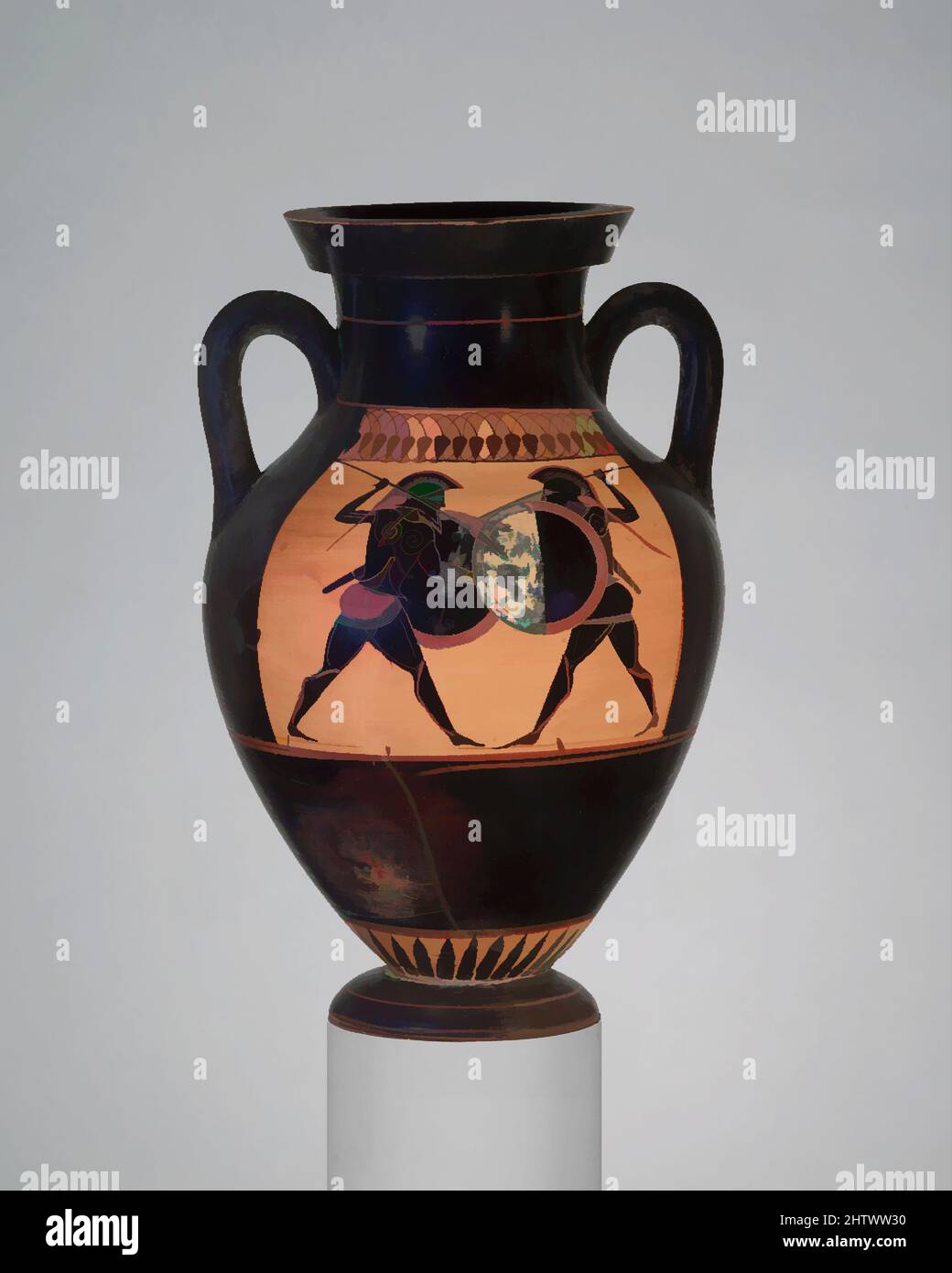 Art inspired by Terracotta amphora (jar), Archaic, ca. 530 B.C., Greek, Attic, Terracotta; black-figure, H. 16 5/16 in. (41.5 cm), Vases, Obverse, combat between two warriors, Reverse, Dionysos, the god of wine, between two satyrs. The Lysippides Painter was a follower of Exekias who, Classic works modernized by Artotop with a splash of modernity. Shapes, color and value, eye-catching visual impact on art. Emotions through freedom of artworks in a contemporary way. A timeless message pursuing a wildly creative new direction. Artists turning to the digital medium and creating the Artotop NFT Stock Photo