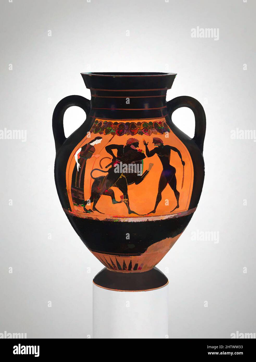 Art inspired by Terracotta amphora (jar), Archaic, ca. 540 B.C., Greek, Attic, Terracotta; black-figure, H. 14 13/16 in. (37.7 cm), Vases, Obverse, Herakles wrestling the Nemean Lion, Reverse, Herakles fighting Geryon. Group E is the name given to a workshop of painters active during, Classic works modernized by Artotop with a splash of modernity. Shapes, color and value, eye-catching visual impact on art. Emotions through freedom of artworks in a contemporary way. A timeless message pursuing a wildly creative new direction. Artists turning to the digital medium and creating the Artotop NFT Stock Photo