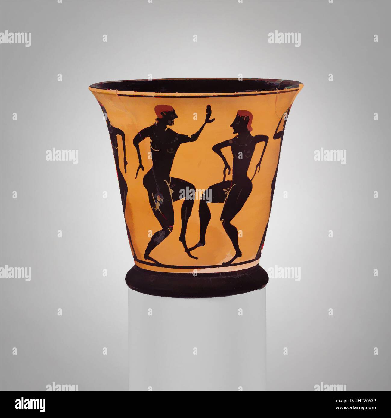 Art inspired by Terracotta tumbler, Archaic, ca. 525–510 B.C., Greek, Attic, Terracotta; black-figure, H. 3 3/8 in. (8.5 cm), Vases, Eight dancing youths. These youths are descendents of the komasts, the padded dancers that originally entered Athenian iconography from Corinth. We can, Classic works modernized by Artotop with a splash of modernity. Shapes, color and value, eye-catching visual impact on art. Emotions through freedom of artworks in a contemporary way. A timeless message pursuing a wildly creative new direction. Artists turning to the digital medium and creating the Artotop NFT Stock Photo
