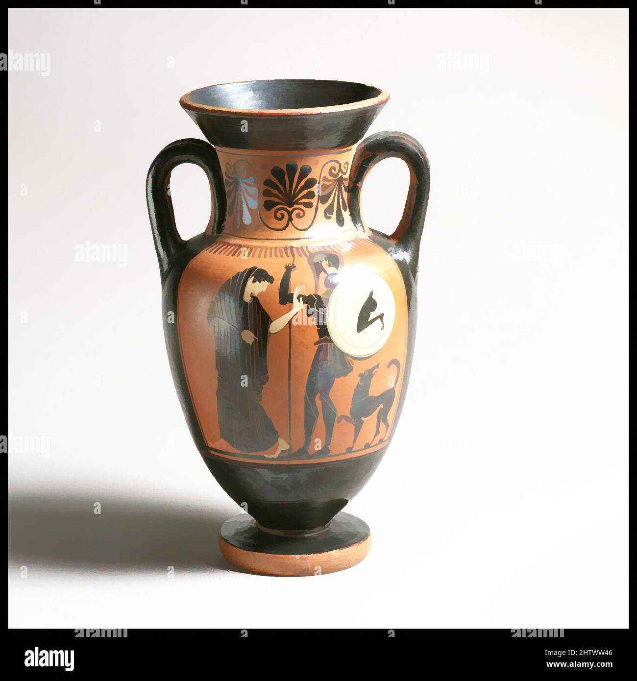 Art inspired by Terracotta neck-amphora (jar), Archaic, ca. 500 B.C., Greek, Attic, Terracotta; black-figure, H. 7 7/16 in. (18.9 cm), Vases, Obverse, Aeneas rescuing his father, Anchises, during the fall of Troy, Reverse, woman and warrior. Aeneas carrying his aged father, Anchises, Classic works modernized by Artotop with a splash of modernity. Shapes, color and value, eye-catching visual impact on art. Emotions through freedom of artworks in a contemporary way. A timeless message pursuing a wildly creative new direction. Artists turning to the digital medium and creating the Artotop NFT Stock Photo