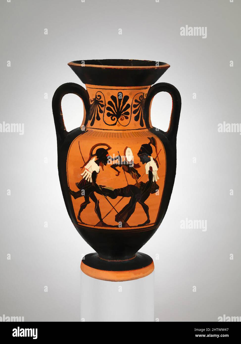 Art inspired by Terracotta neck-amphora (jar), Archaic, ca. 500 B.C., Greek, Attic, Terracotta; black-figure, H. 7 3/16 in. (18.3 cm), Vases, Obverse, Thanatos (Death) and Hypnos (Sleep) with the body of Sarpedon, Reverse, Eos (Dawn) with the body of her son, Memnon. The scenes on this, Classic works modernized by Artotop with a splash of modernity. Shapes, color and value, eye-catching visual impact on art. Emotions through freedom of artworks in a contemporary way. A timeless message pursuing a wildly creative new direction. Artists turning to the digital medium and creating the Artotop NFT Stock Photo