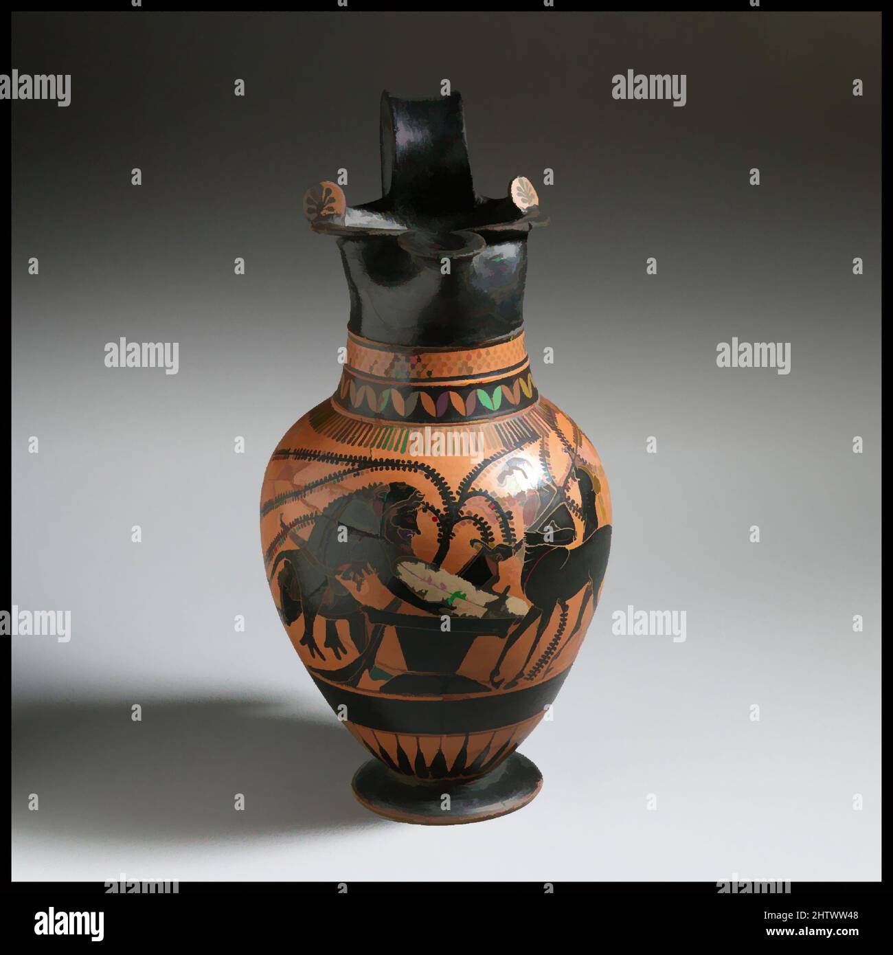 Art inspired by Terracotta oinochoe (jug), Archaic, ca. 515 B.C., Greek, Attic, Terracotta; black-figure, H. 10 15/16 in. (27.8 cm); diameter of foot 3 1/16 in. (7.7 cm), Vases, Herakles and Pholos. While Herakles was performing his labor to capture the Erymanthean Boar, the centaur, Classic works modernized by Artotop with a splash of modernity. Shapes, color and value, eye-catching visual impact on art. Emotions through freedom of artworks in a contemporary way. A timeless message pursuing a wildly creative new direction. Artists turning to the digital medium and creating the Artotop NFT Stock Photo